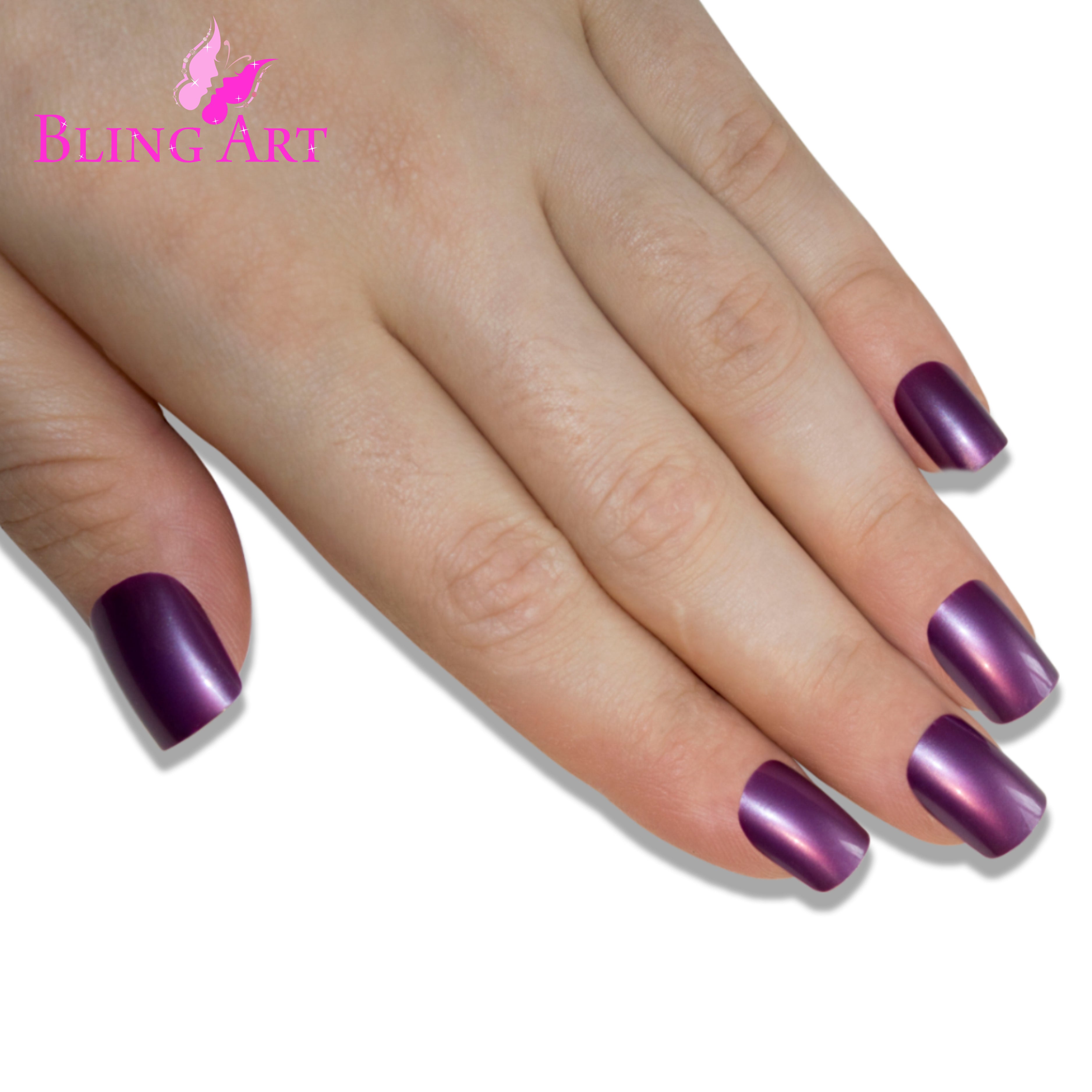 Purple acrylic French manicure Bling Art press-on nails — alternative angle revealing the French tip definition.