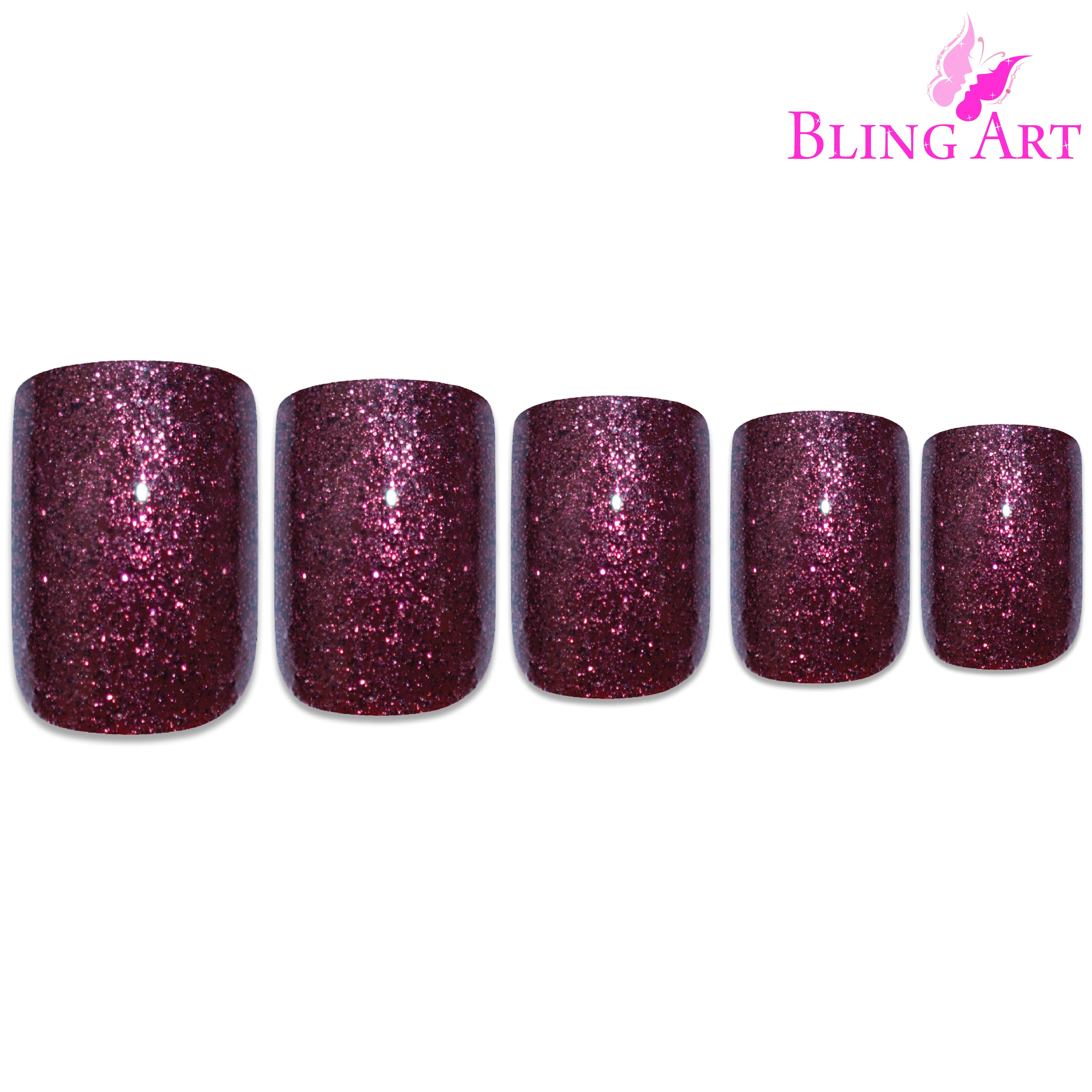 Red Brown gel French squoval Bling Art press-on nails — full-hand reveal showing all 24 nails for autumnal events and everyday wear.