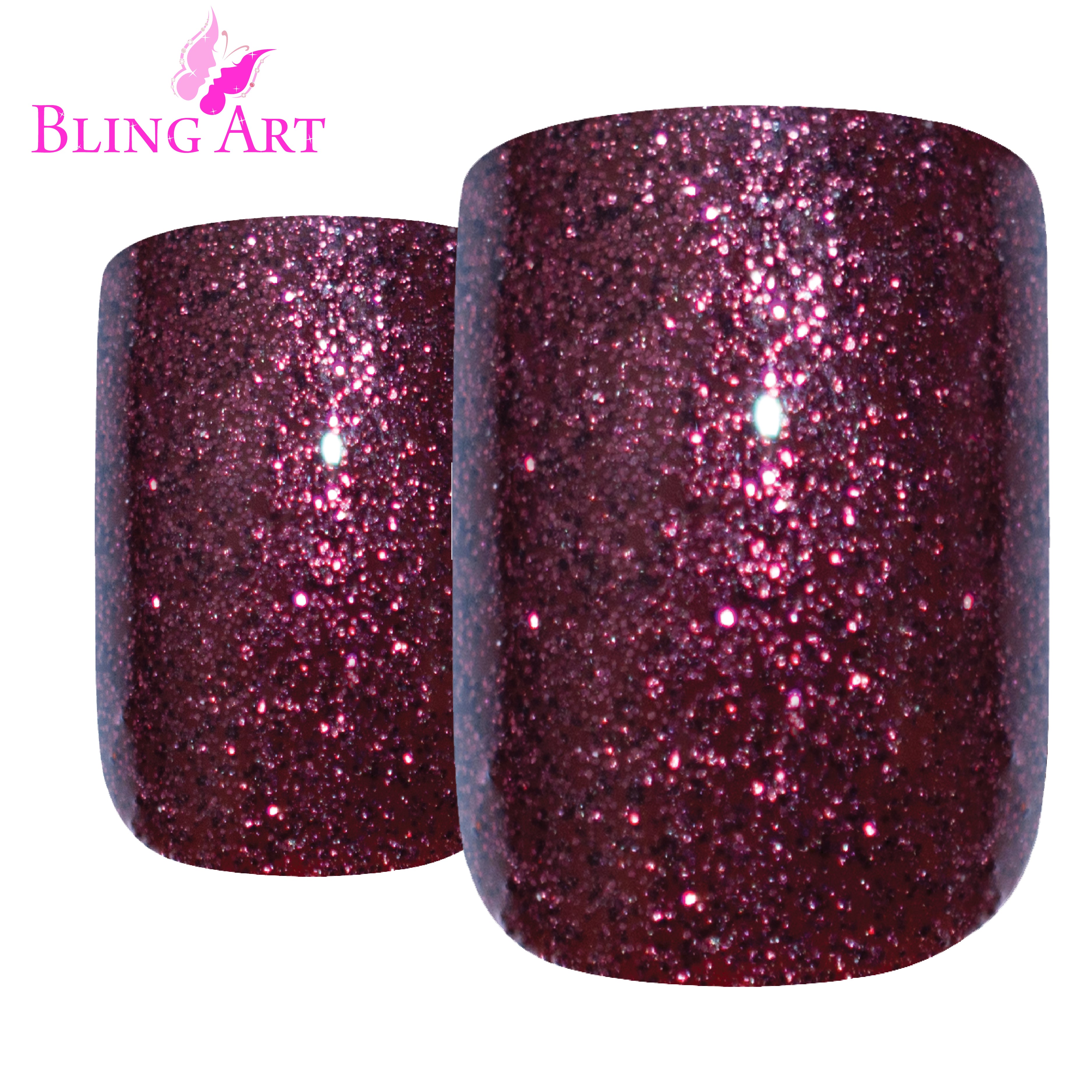 Red Brown gel French squoval Bling Art press-on nails — worn-hand close-up showing the chestnut French tip on squoval tips.