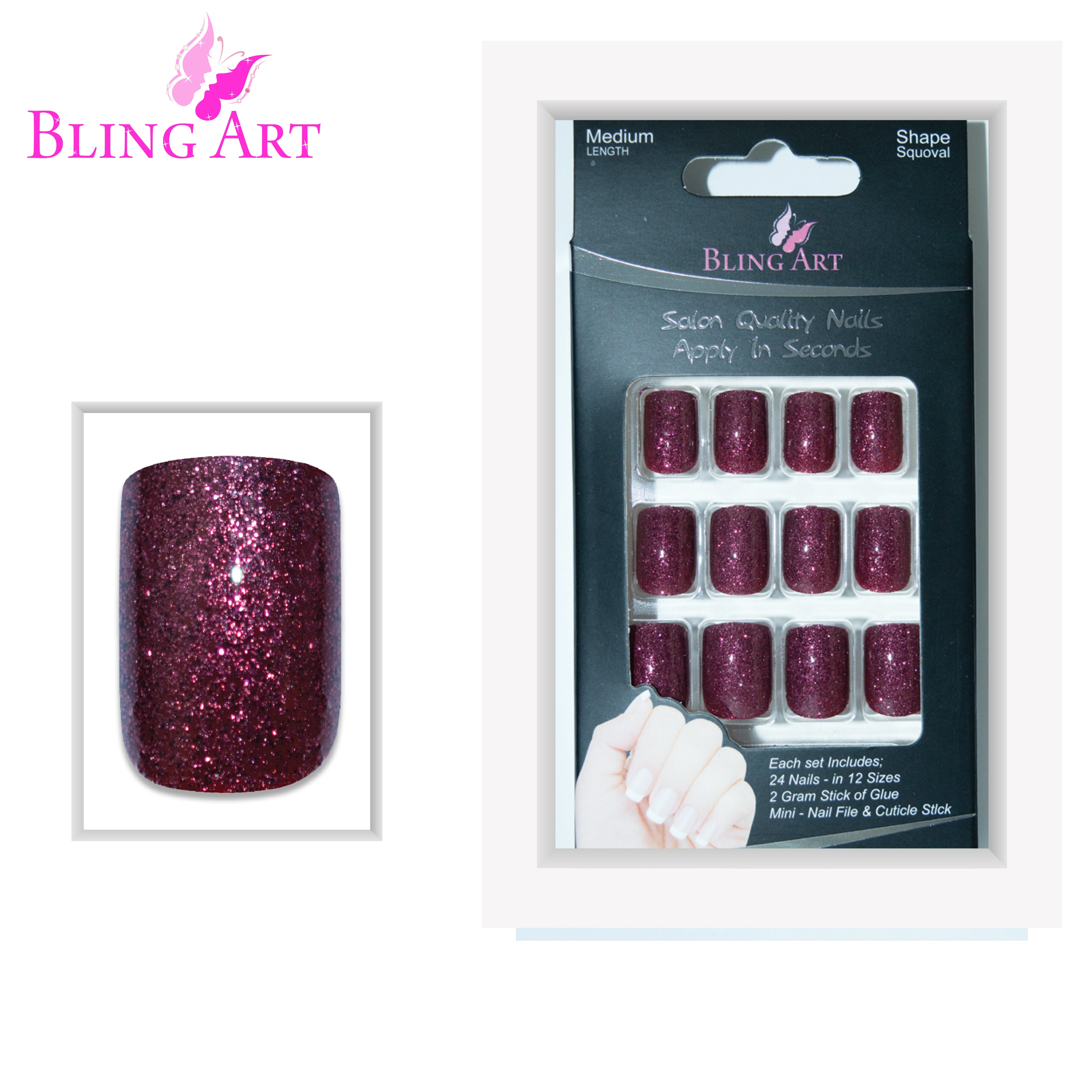 Red Brown gel French squoval Bling Art press-on nails — alternative angle revealing the French tip on the squoval shape.