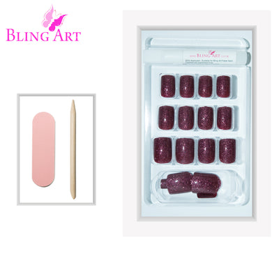 Red Brown gel French squoval press-on false nails by Bling Art — chestnut red-brown gel French squoval for autumnal everyday wear and seasonal events. 24 nails, 12 sizes XS-XXL, no UV lamp. Designed in Yorkshire UK.