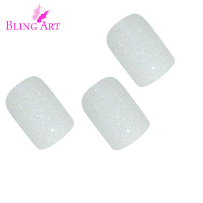 White gel French squoval press-on false nails by Bling Art — pearl-white high-shine gel French on the office-friendly squoval shape for weddings, work-friendly looks and everyday wear. 24 nails, 12 sizes XS-XXL, no UV lamp. Designed in Yorkshire UK.