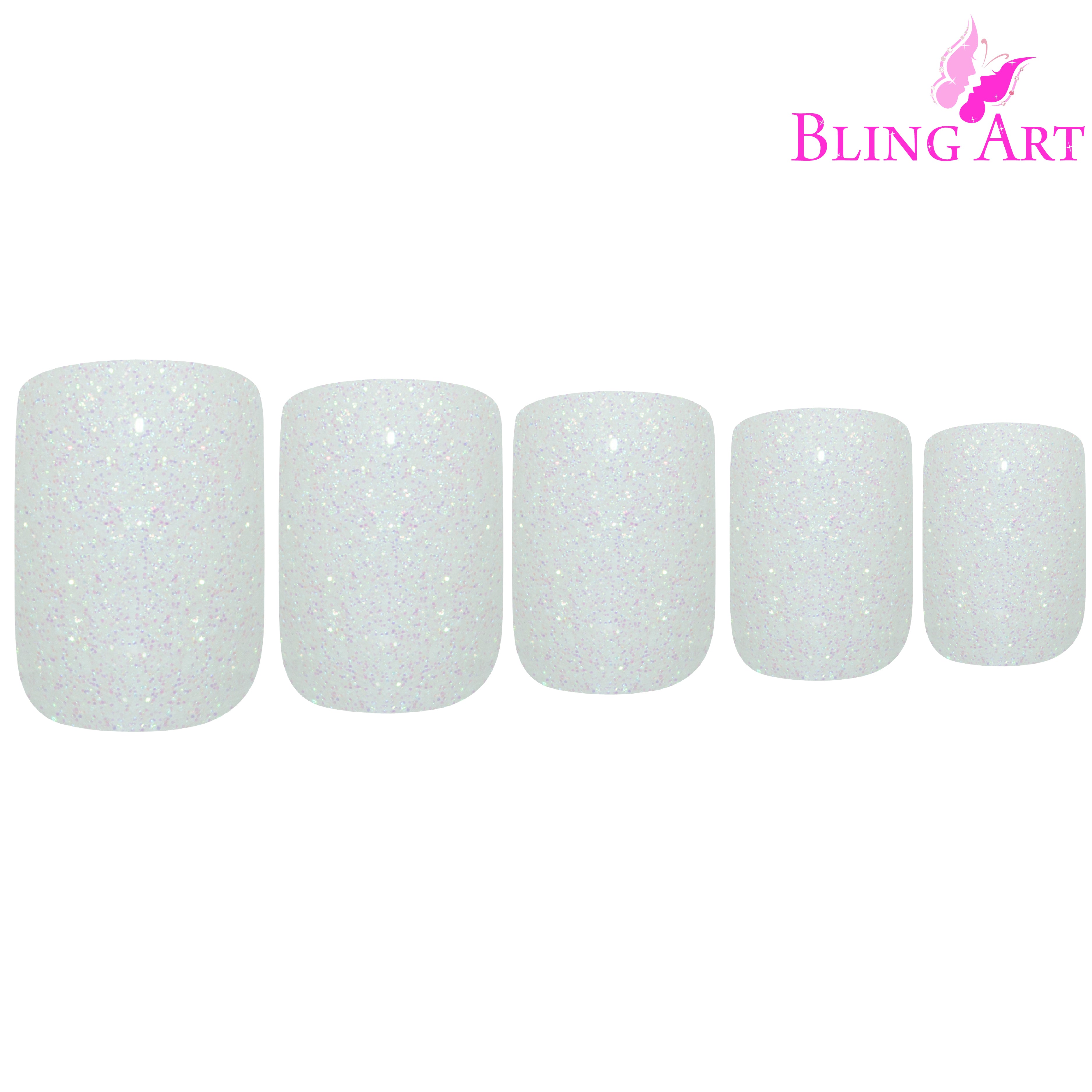 White gel French squoval Bling Art press-on nails — full-hand reveal showing all 24 nails for weddings, office and everyday wear.