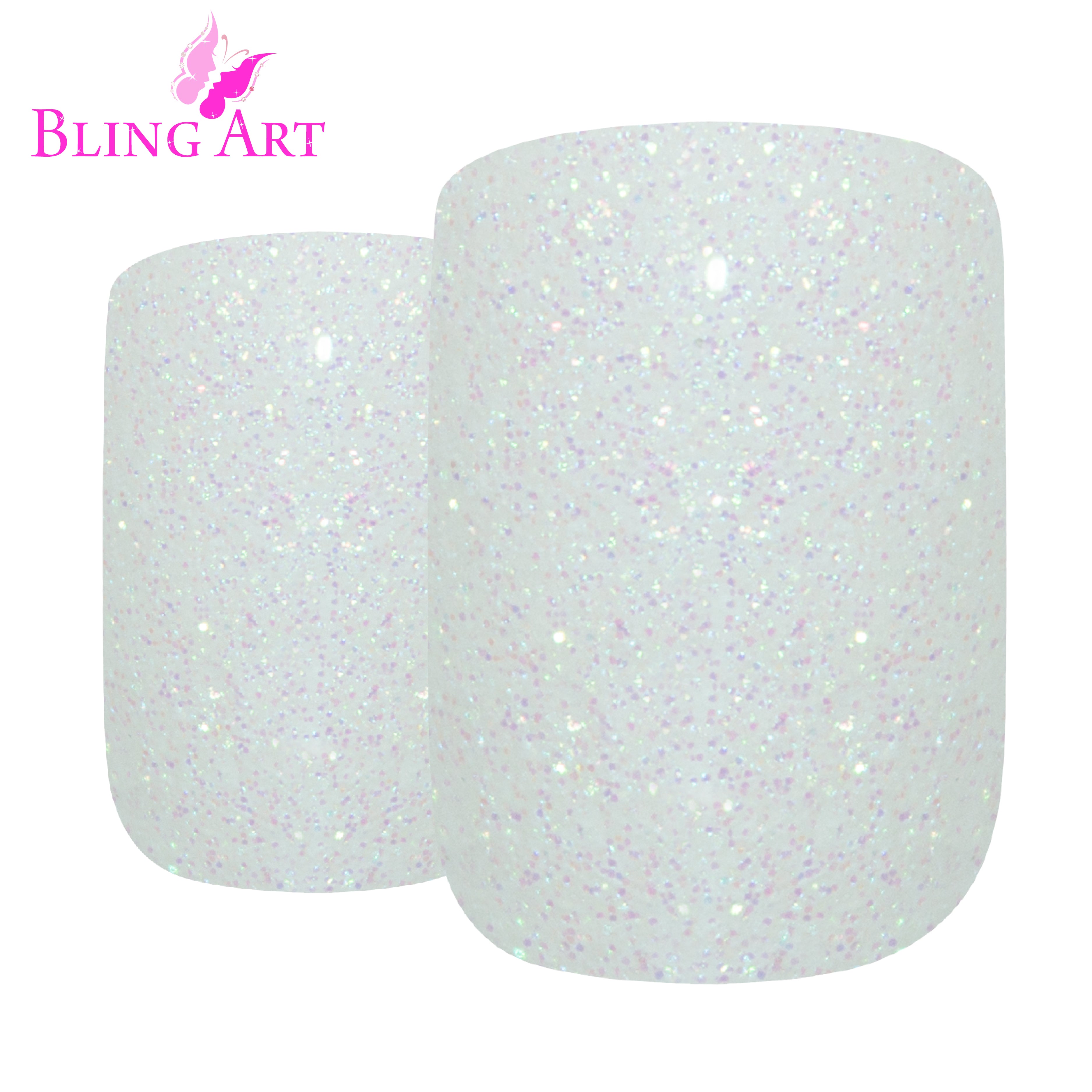 White gel French squoval Bling Art press-on nails — worn-hand close-up showing the pearl-white French tip on squoval tips.