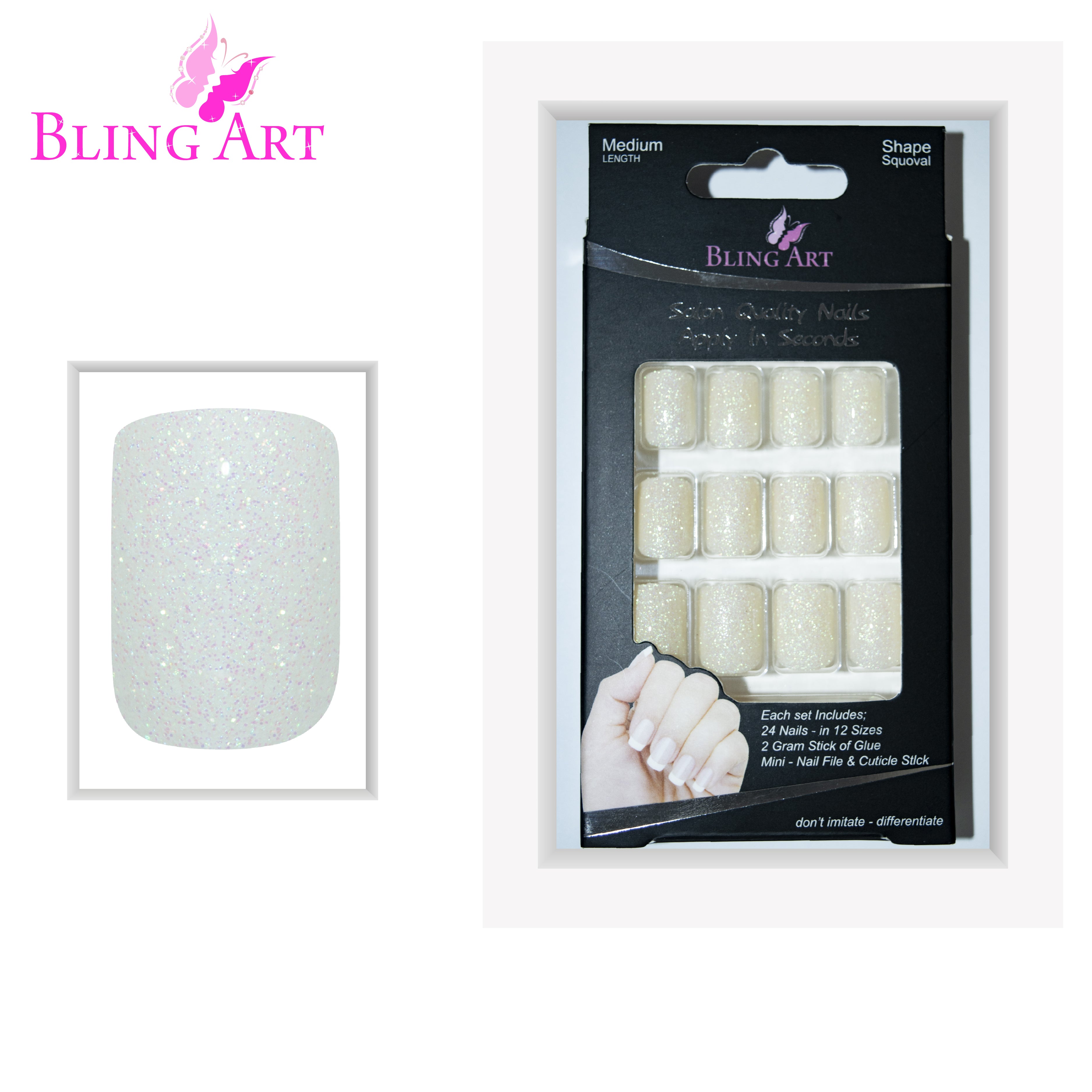 White gel French squoval Bling Art press-on nails — alternative angle revealing the French tip on the squoval shape.