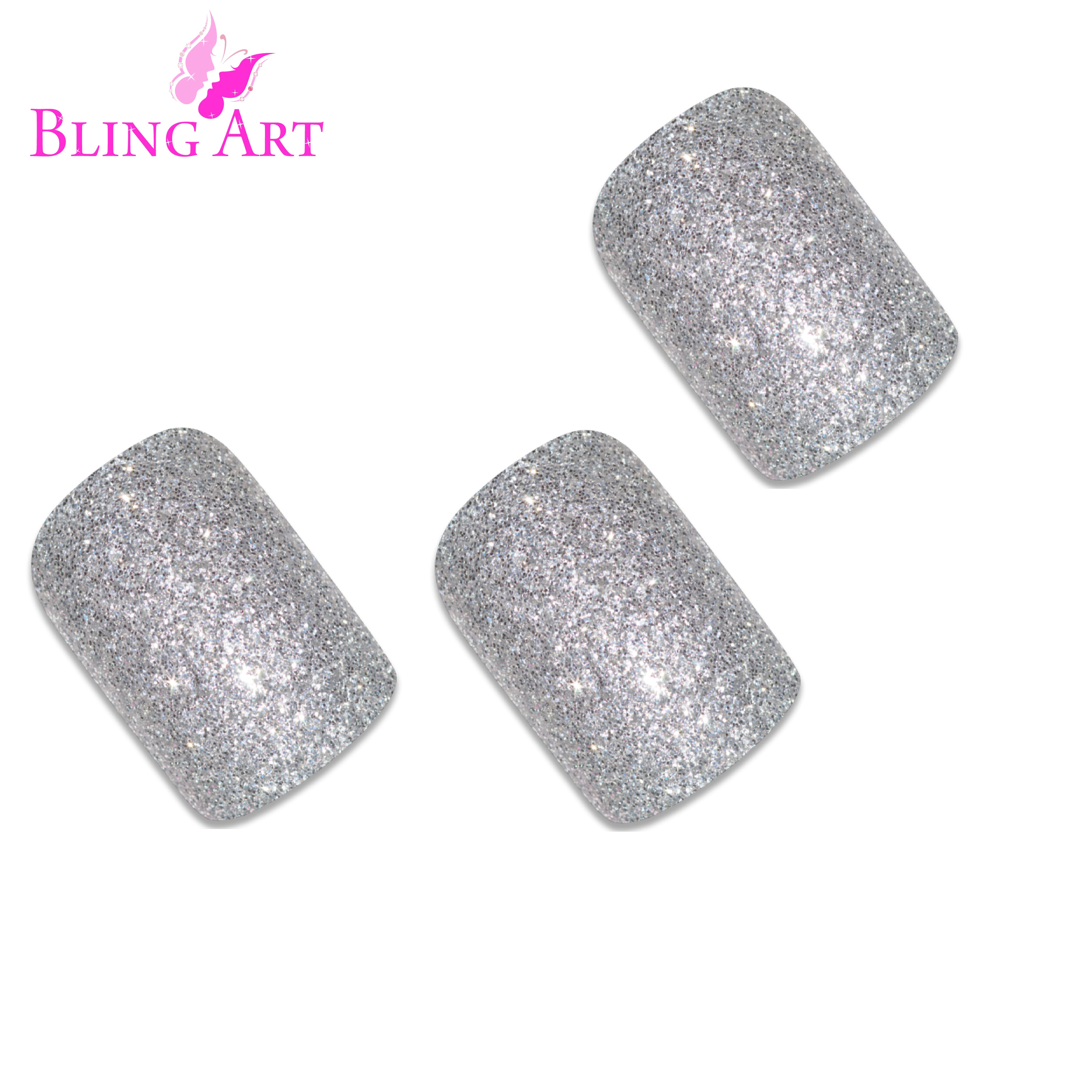 Silver gel French squoval Bling Art press-on nails — worn-hand close-up showing the chrome silver French tip on squoval tips.