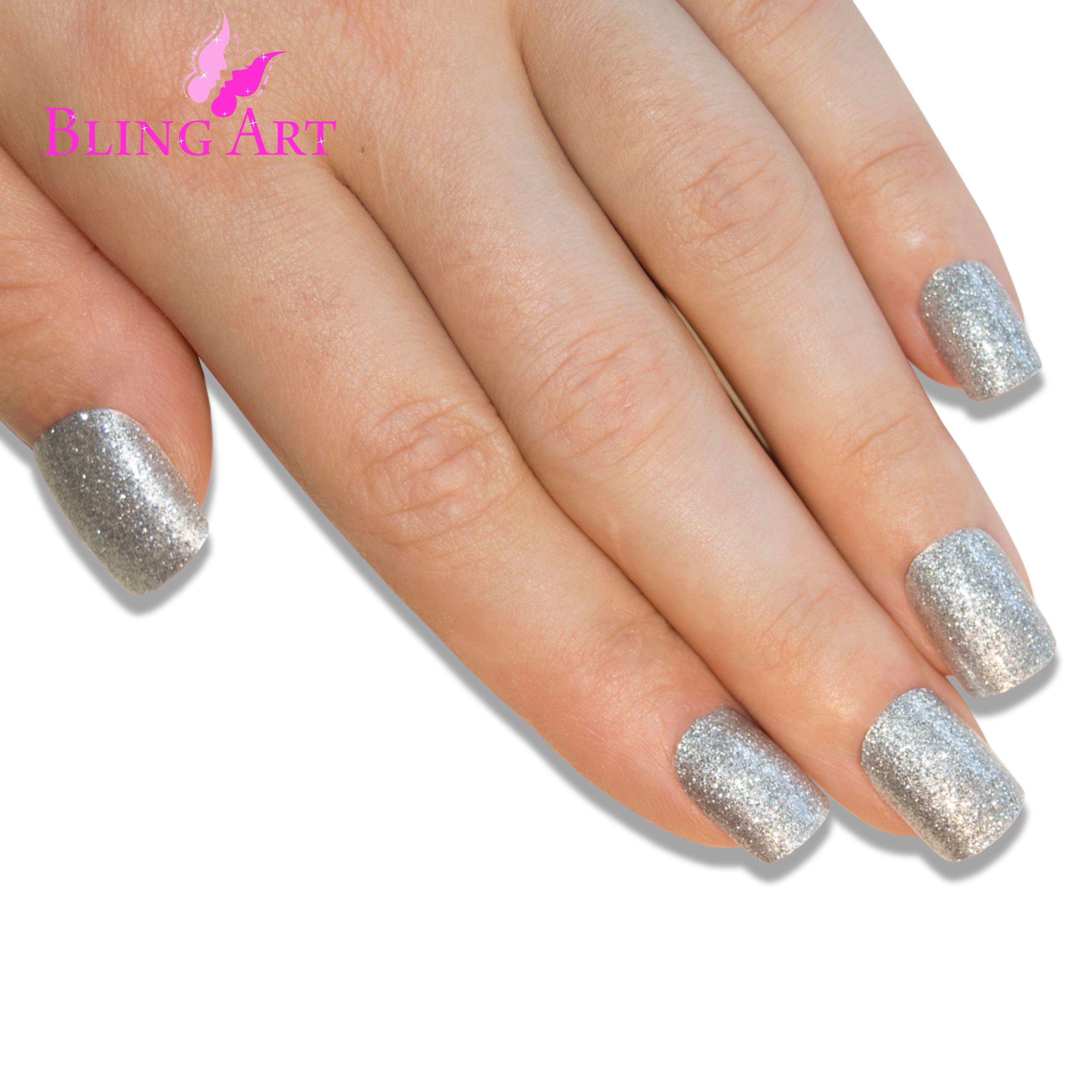 Silver gel French squoval Bling Art press-on nails — lifestyle context shot showing the sleek chrome silver French.