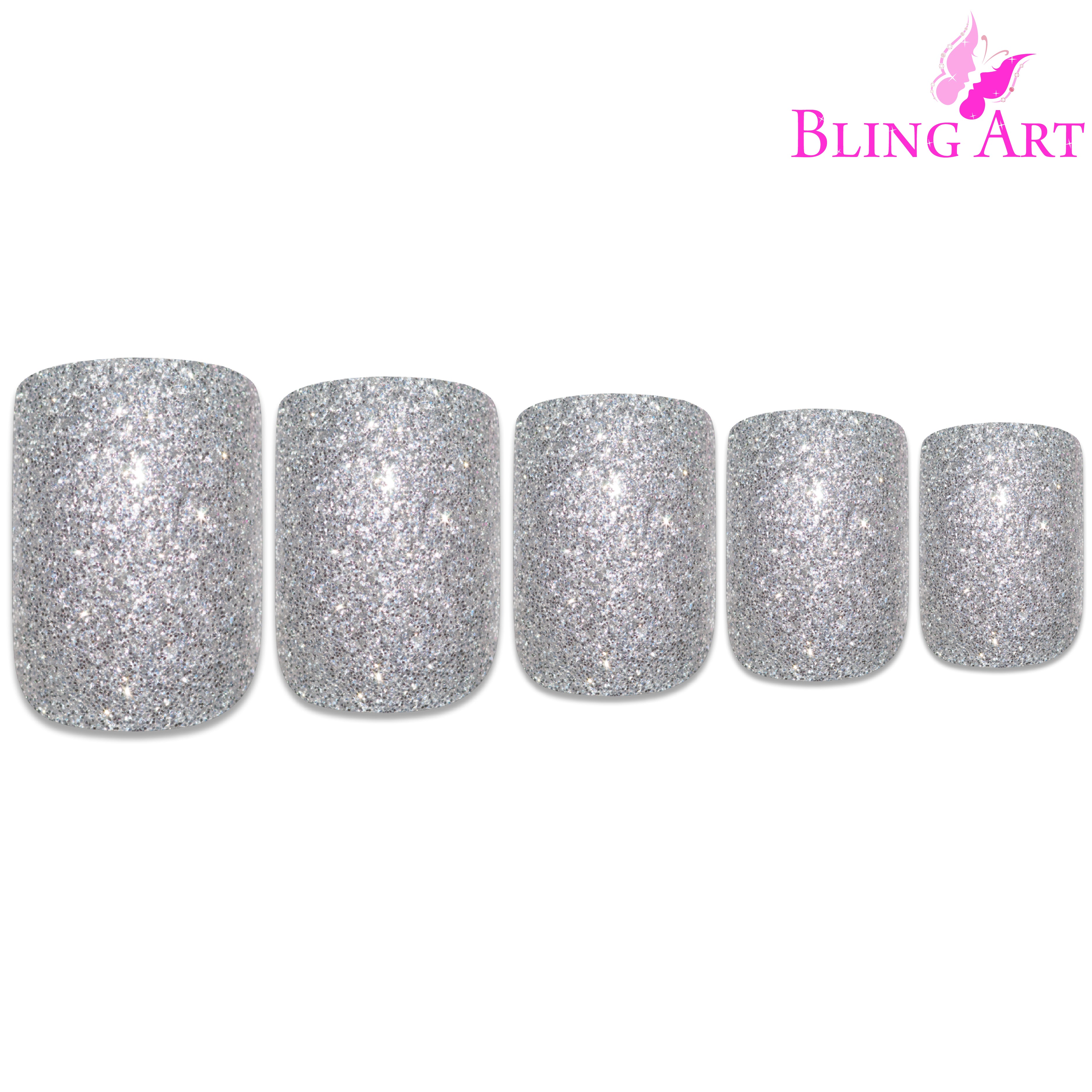 Bling Art Silver gel French squoval press-on nail set packaging — 24 nails, 12 sizes XS-XXL, file and cuticle stick included. Glue not included.
