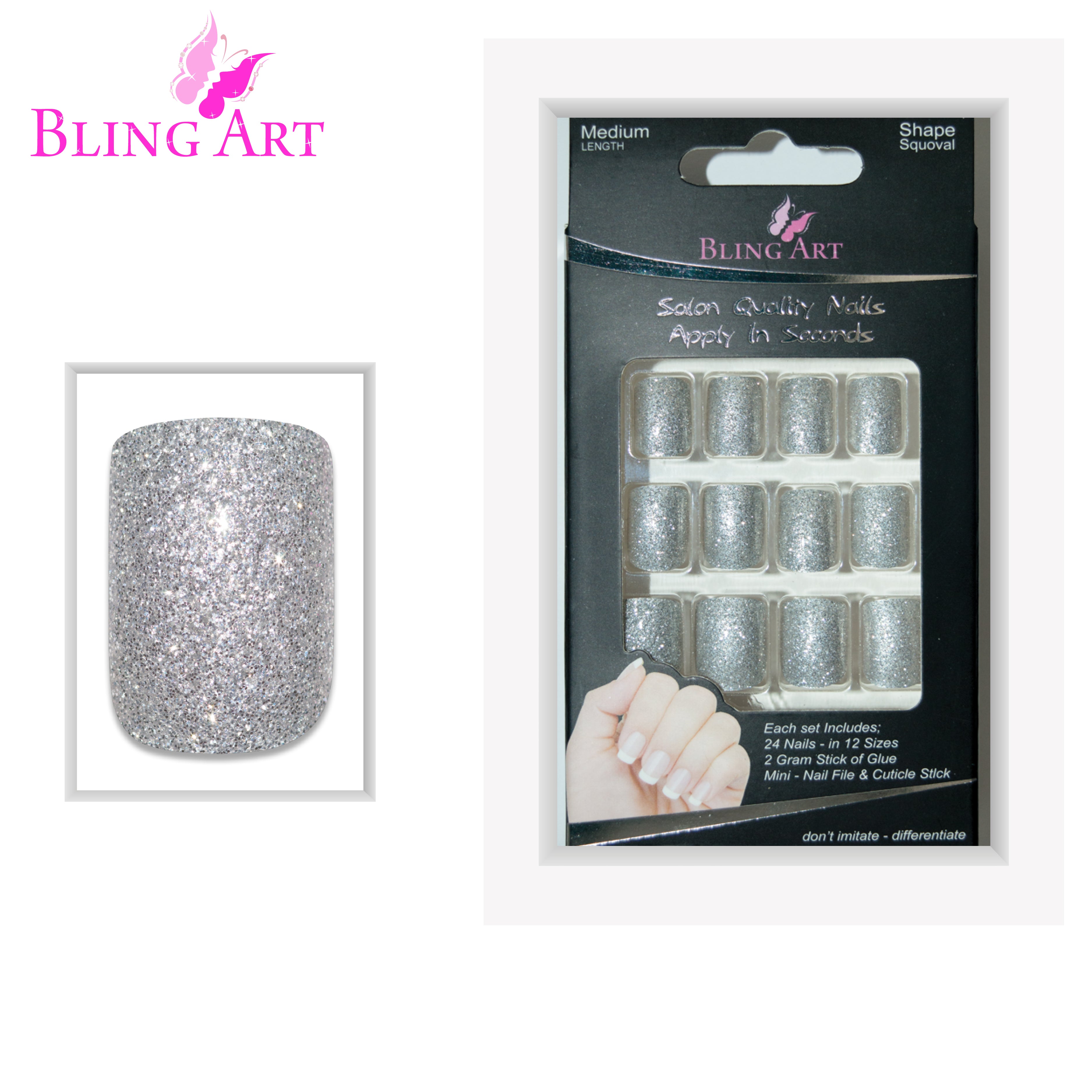 Silver gel French squoval Bling Art press-on nails — alternative angle revealing the French tip on the squoval shape.