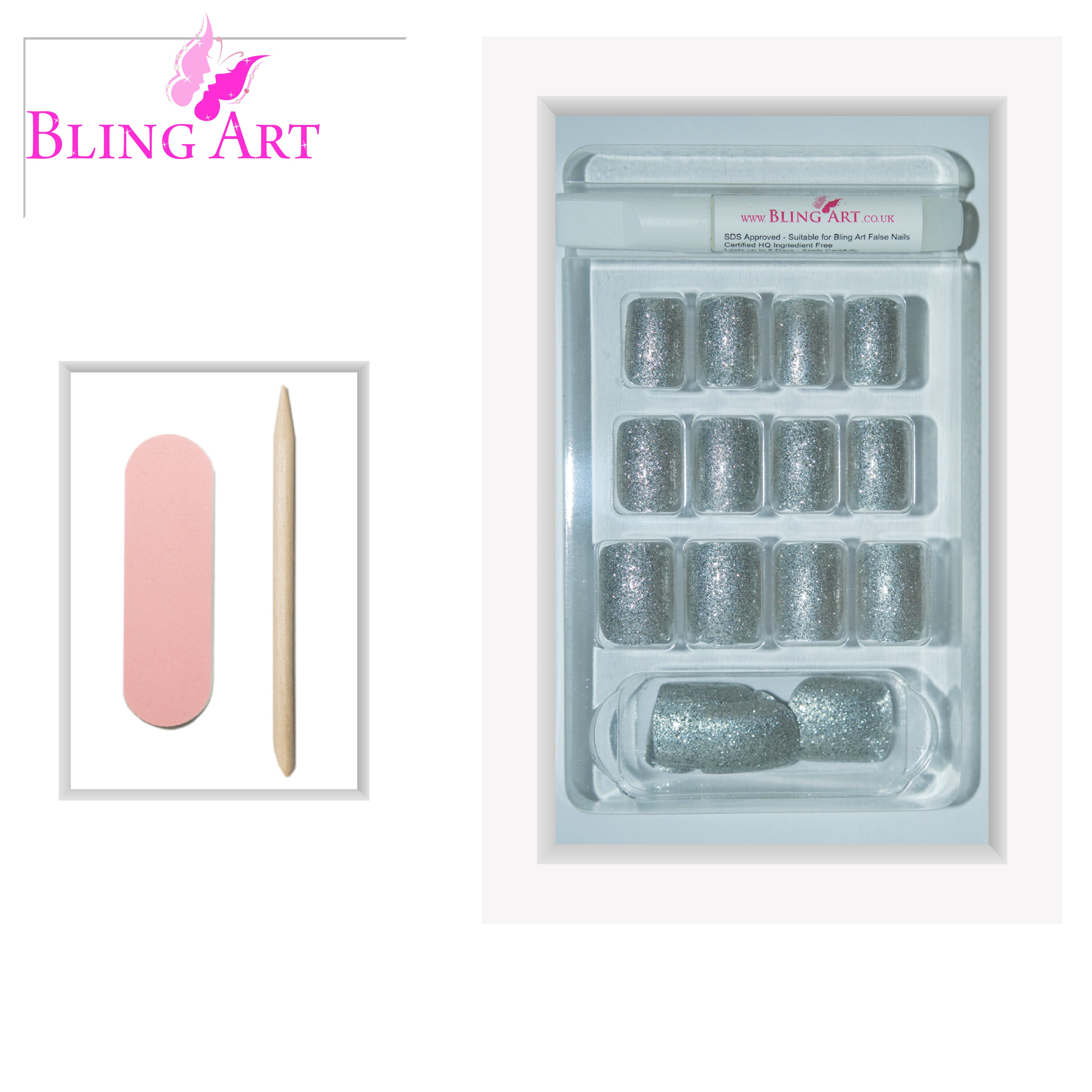 Silver gel French squoval Bling Art press-on nails — full-hand reveal showing all 24 nails for parties, Christmas and editorial wear.