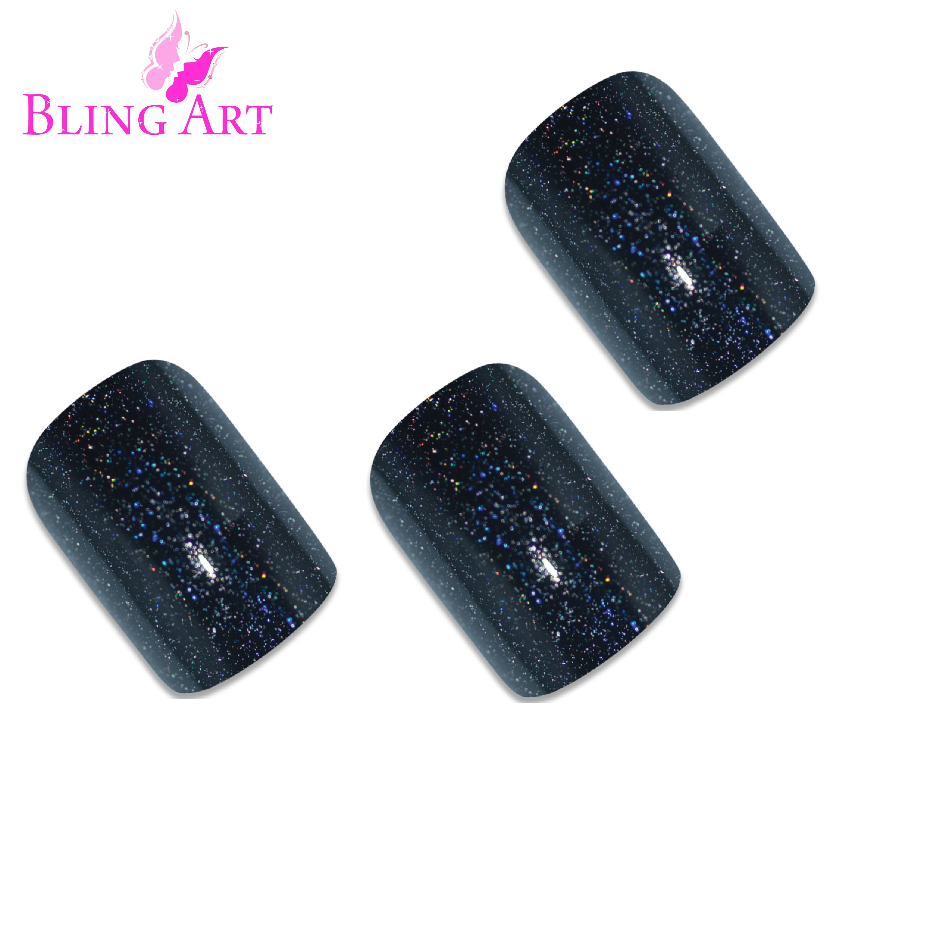 Black gel French squoval Bling Art press-on nails — alternative angle revealing the French tip on the squoval shape.