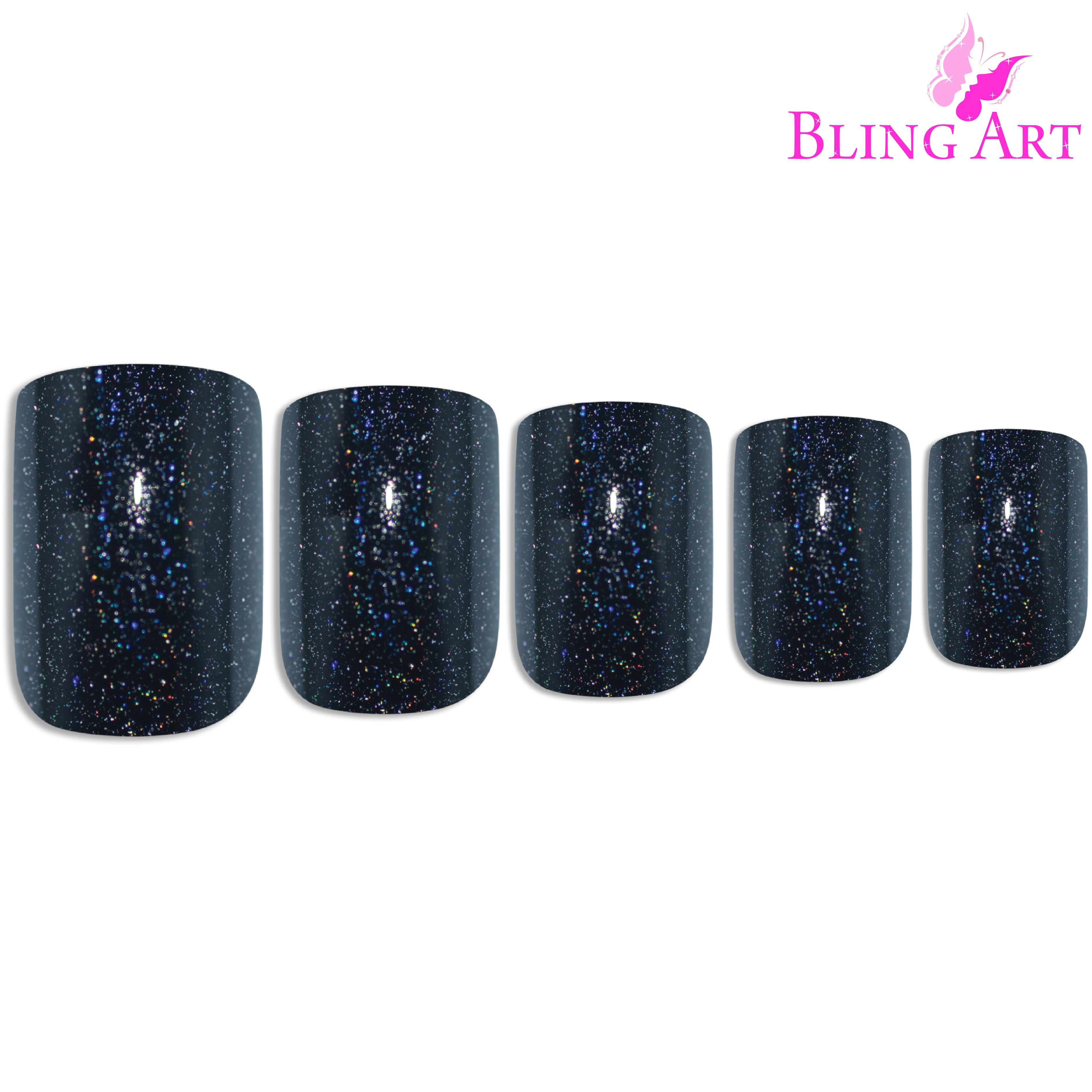 Black gel French squoval Bling Art press-on nails — full-hand reveal showing all 24 nails for evening wear and editorial looks.