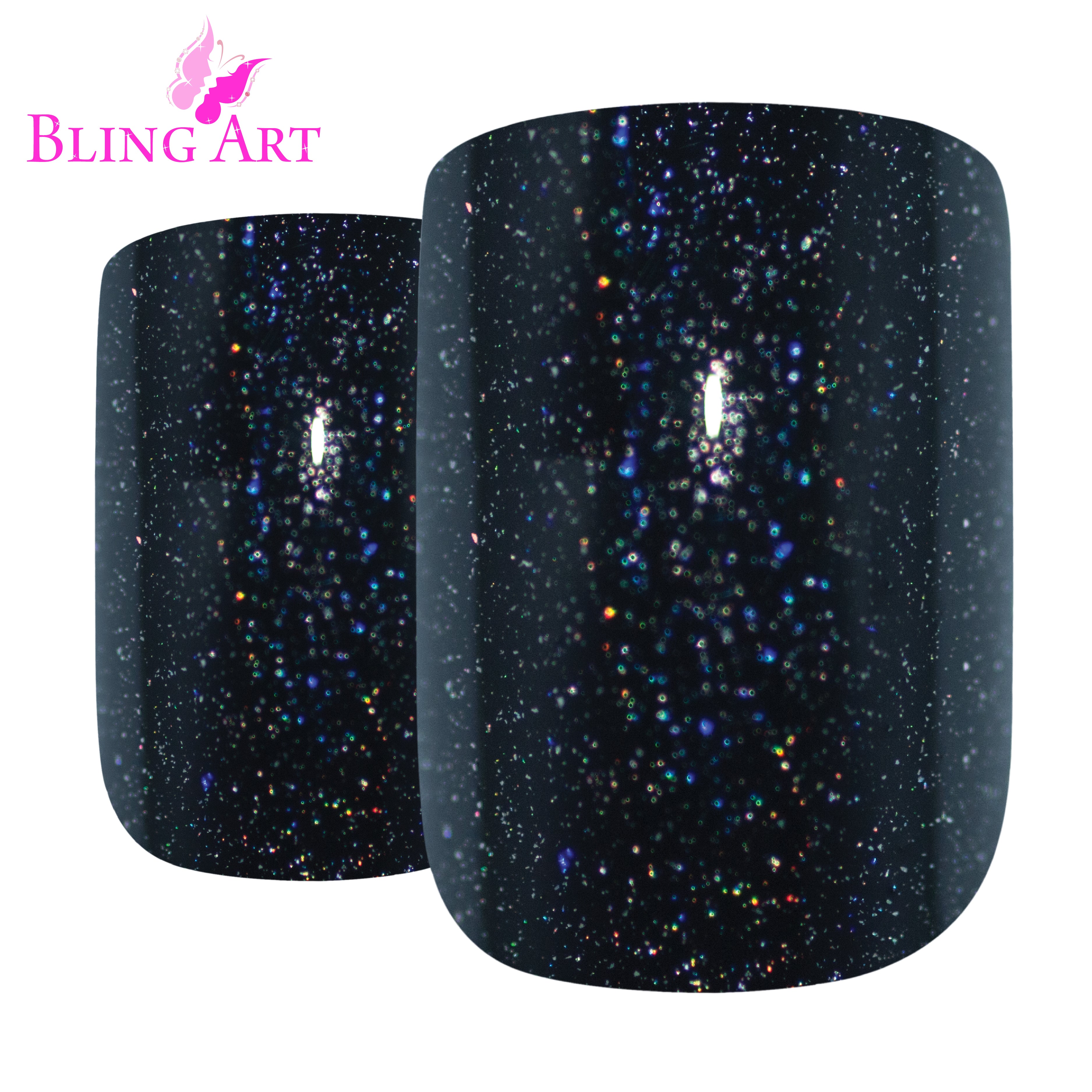 Black gel French squoval Bling Art press-on nails — worn-hand close-up showing the jet-black French tip on squoval tips.