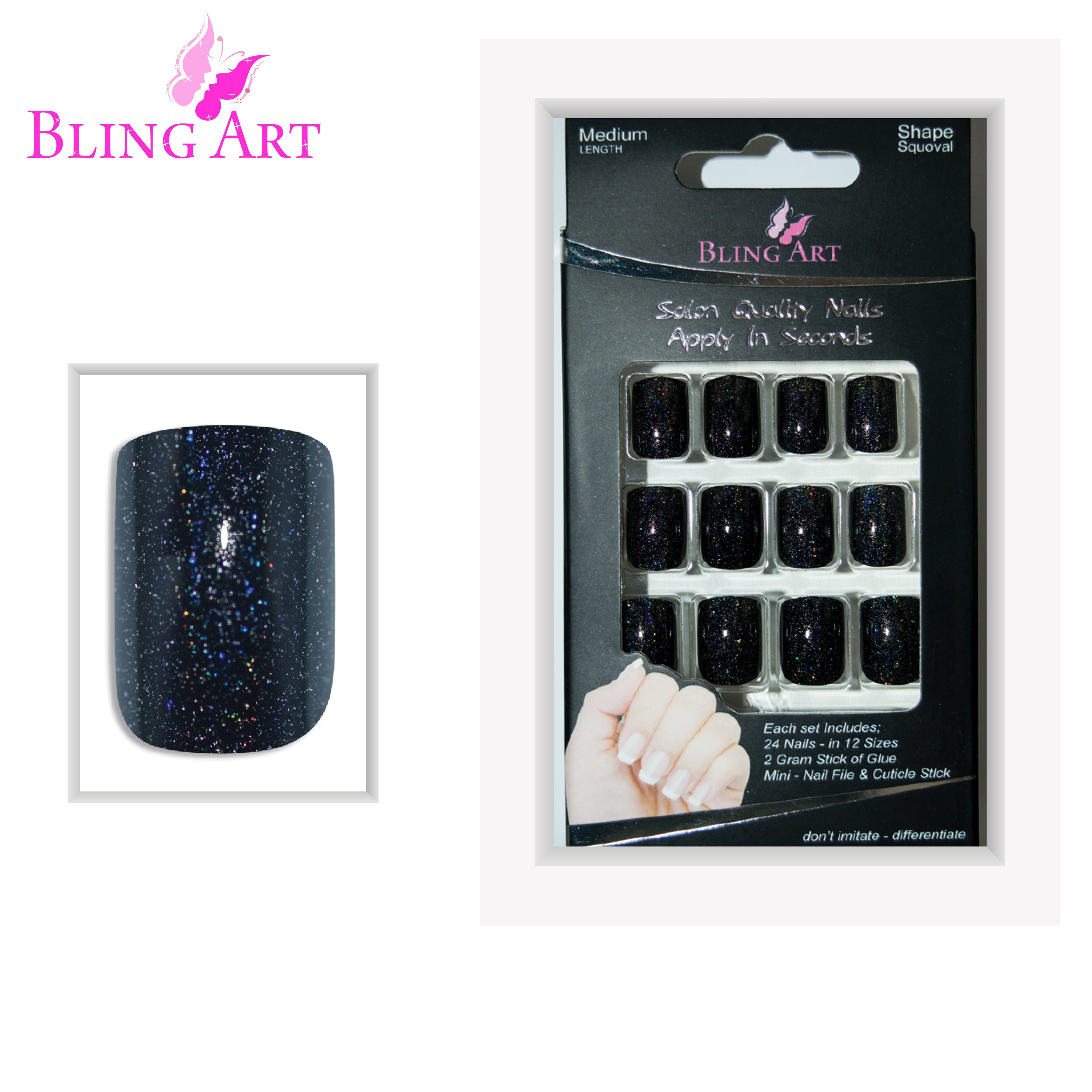 Black gel French squoval Bling Art press-on nails — lifestyle context shot showing the sleek jet-black gel French.