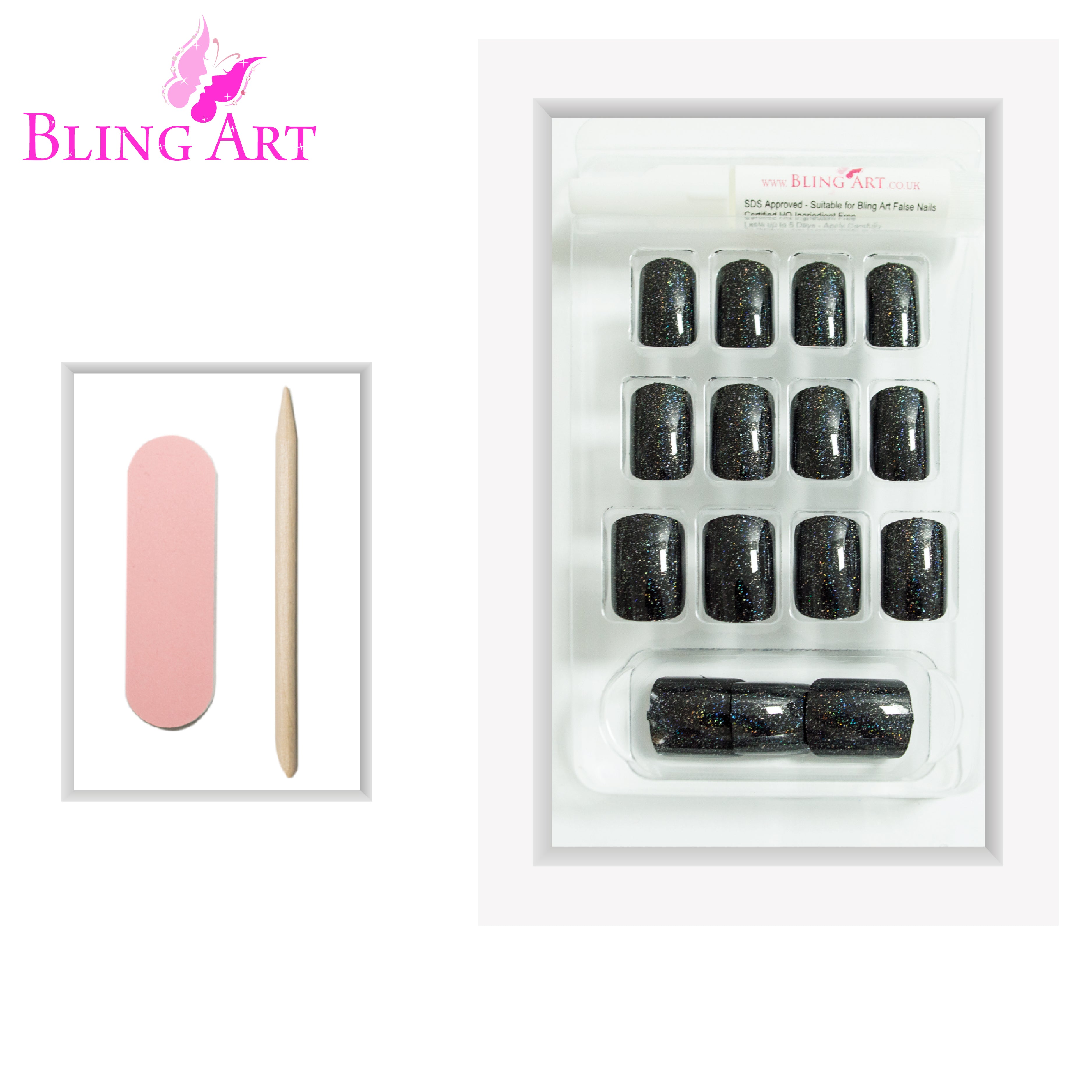 Bling Art Black gel French squoval press-on nail set packaging — 24 nails, 12 sizes XS-XXL, file and cuticle stick included. Glue not included.