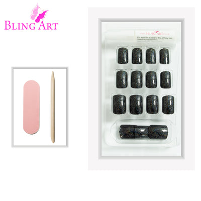 Black gel French squoval press-on false nails by Bling Art — deep jet-black high-shine gel French on the everyday squoval shape for evening wear and editorial styling. 24 nails, 12 sizes XS-XXL, no UV lamp. Designed in Yorkshire UK.