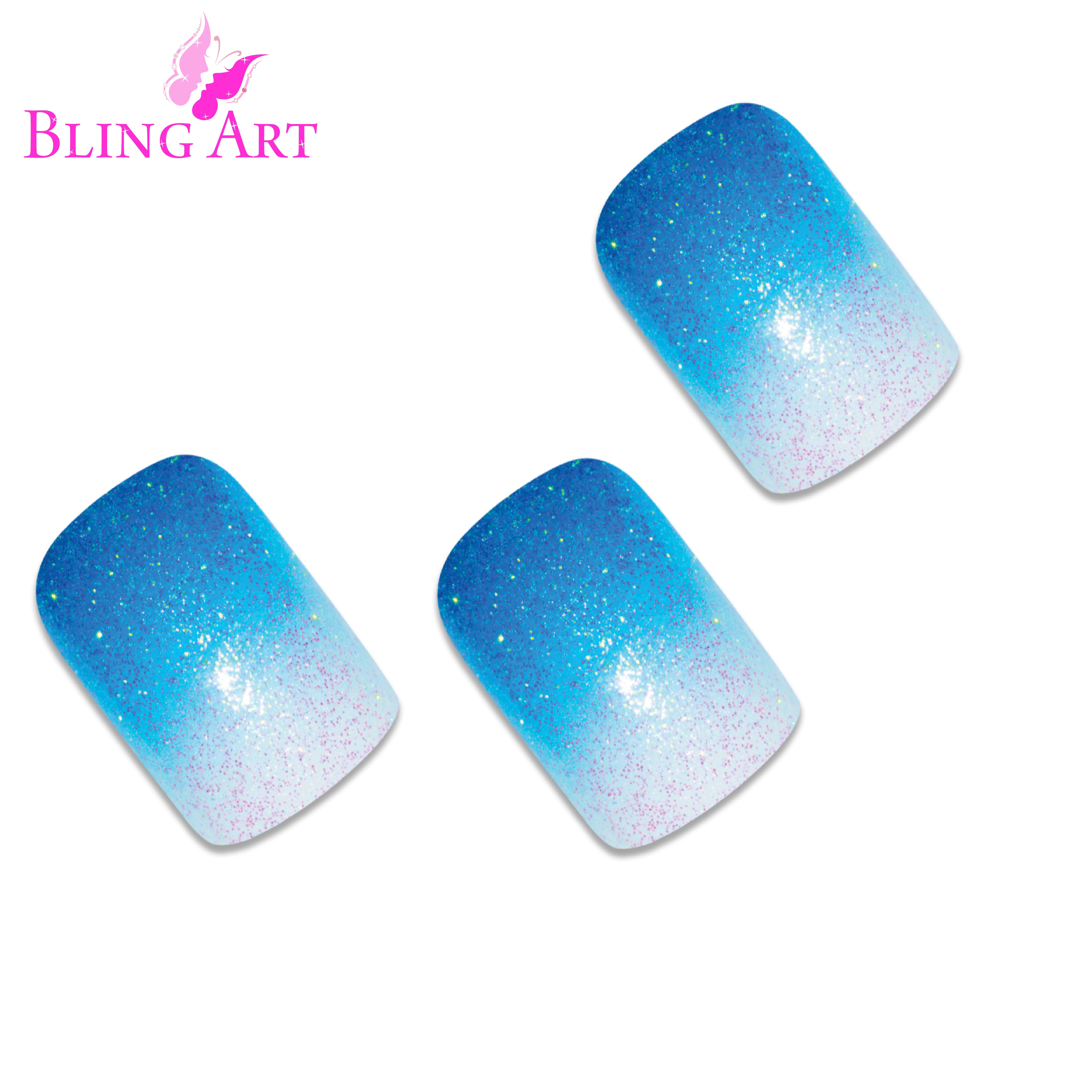 Blue gel ombre French squoval Bling Art press-on nails — alternative angle revealing the ombre transition on the squoval shape.
