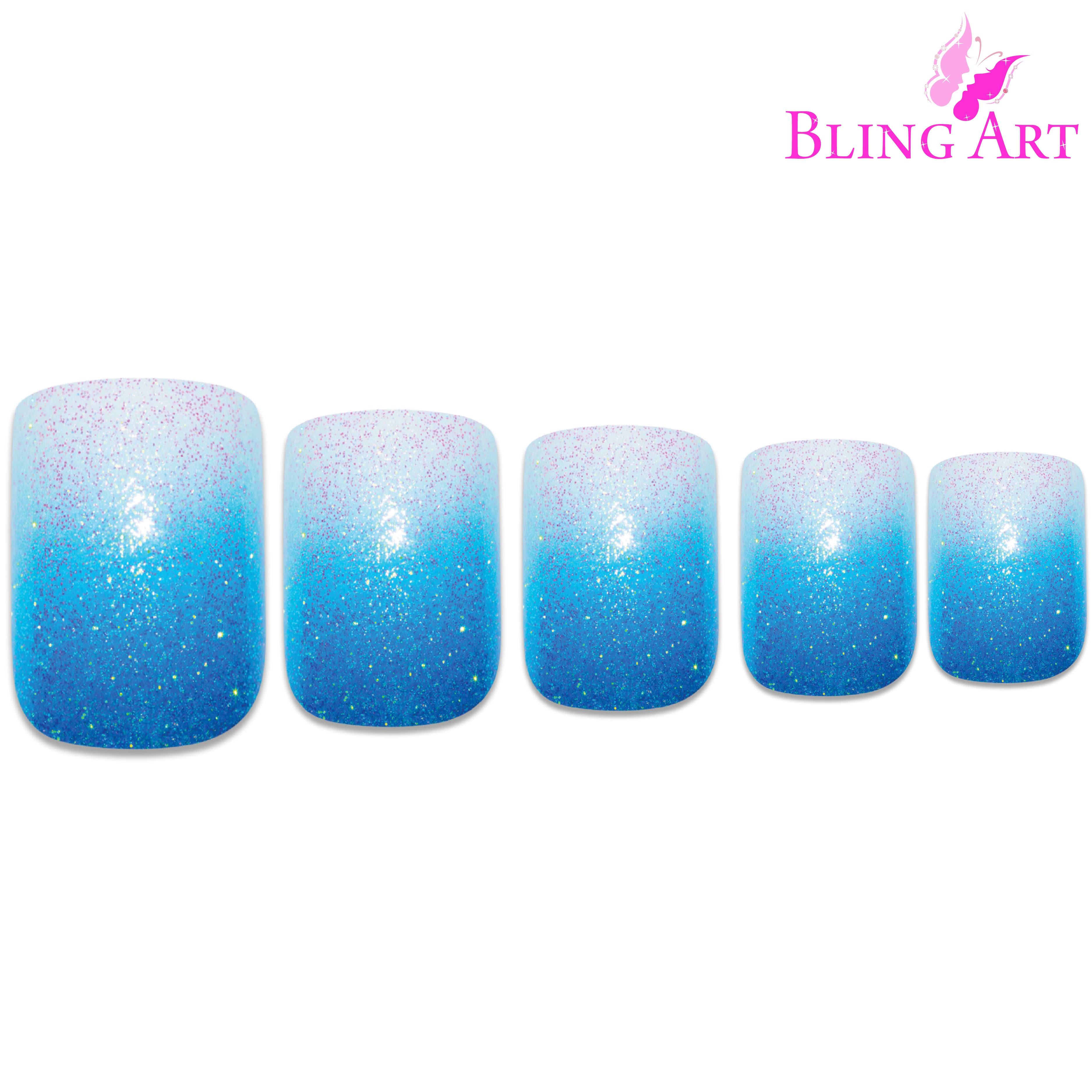 Blue gel ombre French squoval Bling Art press-on nails — full-hand reveal showing all 24 nails for summer events and festivals.