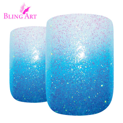 Vivid blue gel-ombre French squoval press-on false nails by Bling Art — playful gradient statement for summer events, festivals, and statement styling · smooth blue-to-white ombre transition with glossy gel coat · medium-length squoval tips · 24 nails per set with adhesive · designed in Yorkshire