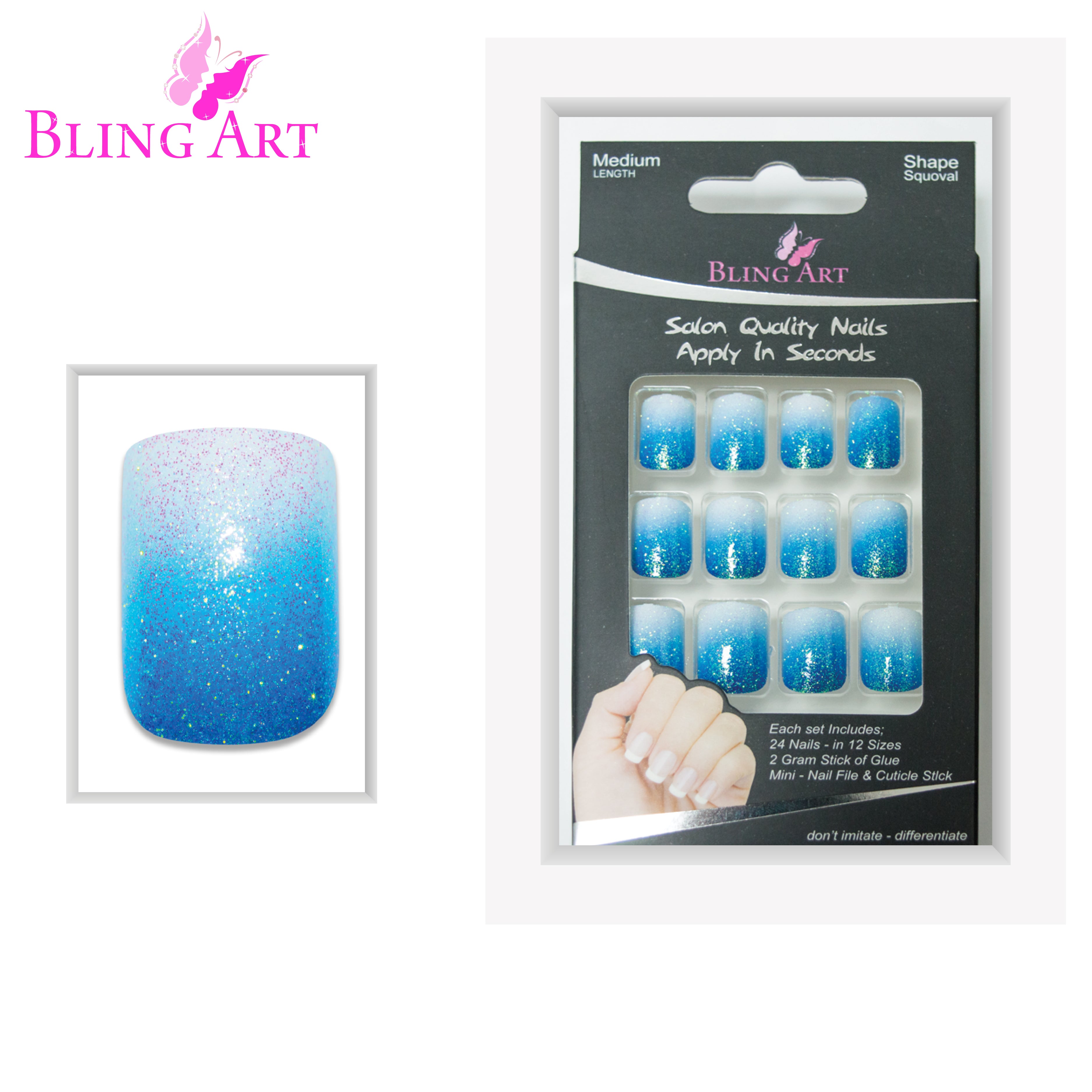 Blue gel ombre French squoval Bling Art press-on nails — lifestyle context shot showing the playful blue gradient finish.