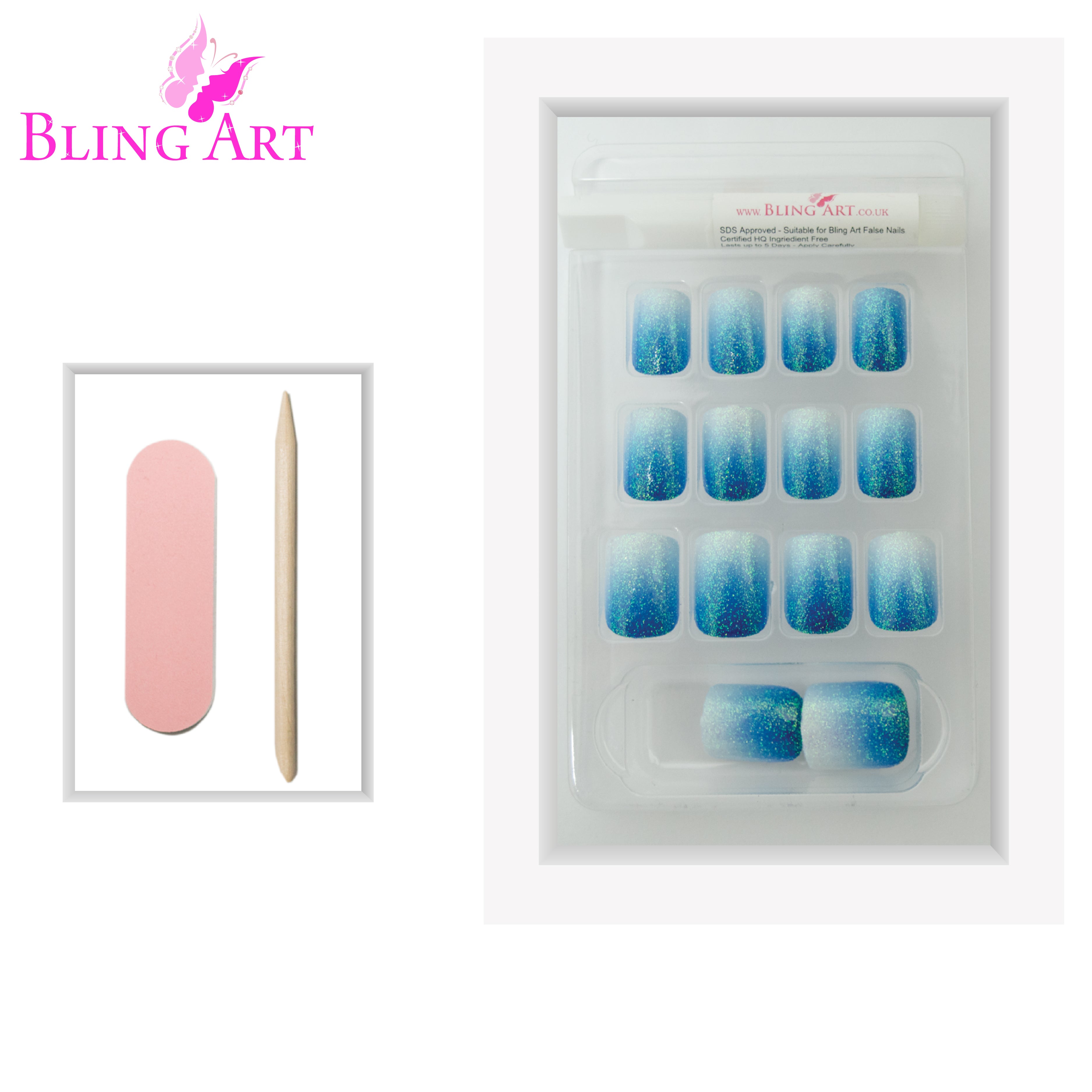 Blue gel ombre French squoval Bling Art press-on nails — worn-hand close-up showing the blue-to-white gradient on medium-length squoval tips.
