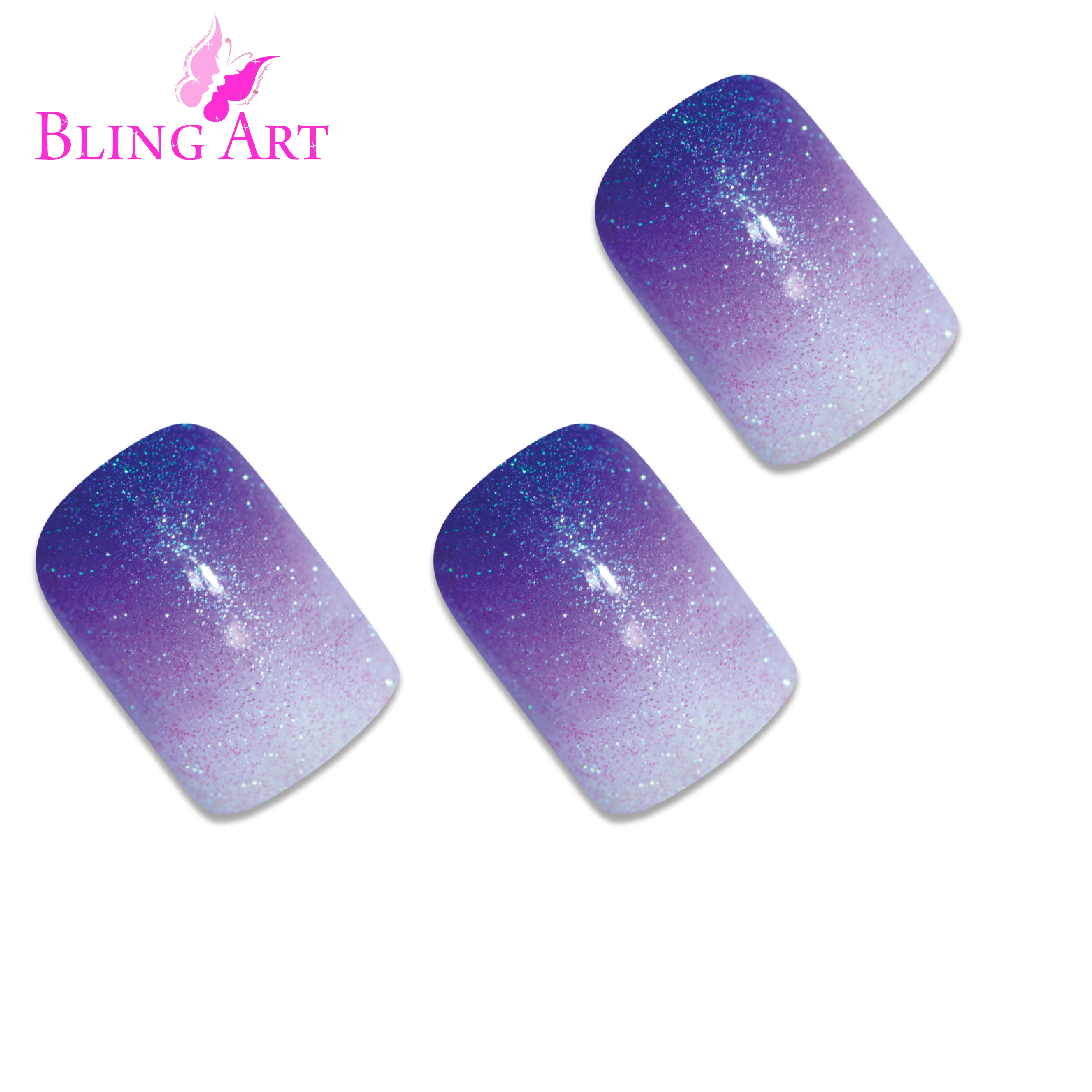 Bling Art Purple gel ombre French squoval press-on nail set packaging — 24 nails, 12 sizes XS-XXL, file and cuticle stick included. Glue not included.