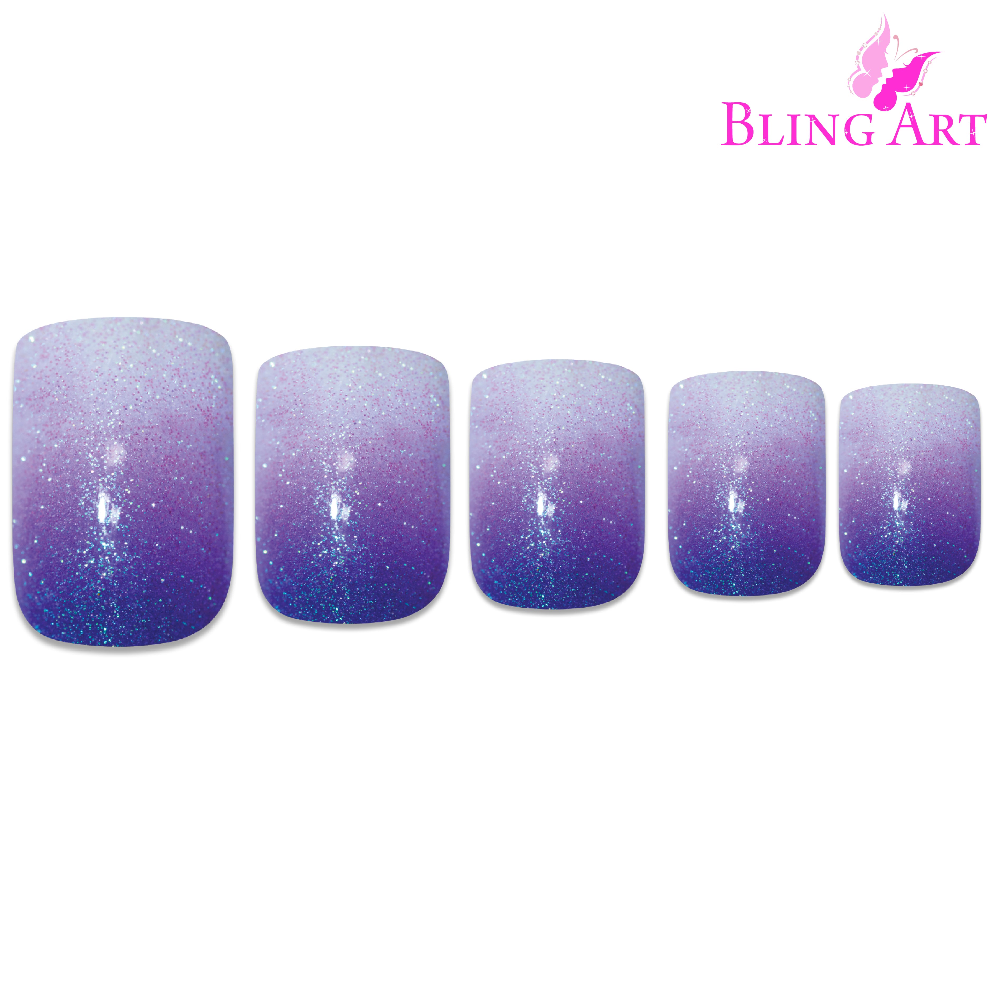 Purple gel ombre French squoval Bling Art press-on nails — alternative angle revealing the ombre transition on the squoval shape.