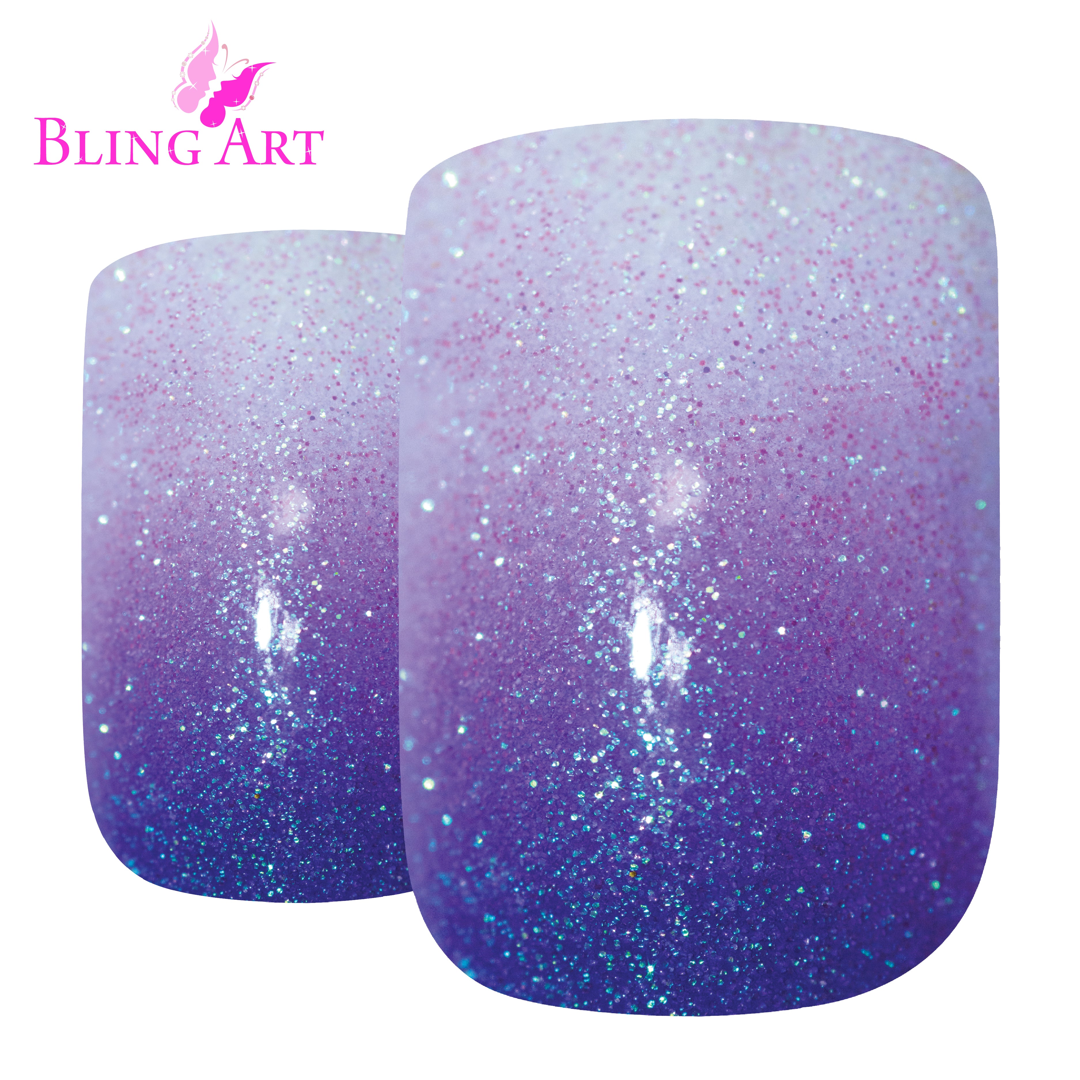 Purple gel ombre French squoval Bling Art press-on nails — worn-hand close-up showing the aubergine-to-white gradient French on squoval tips.