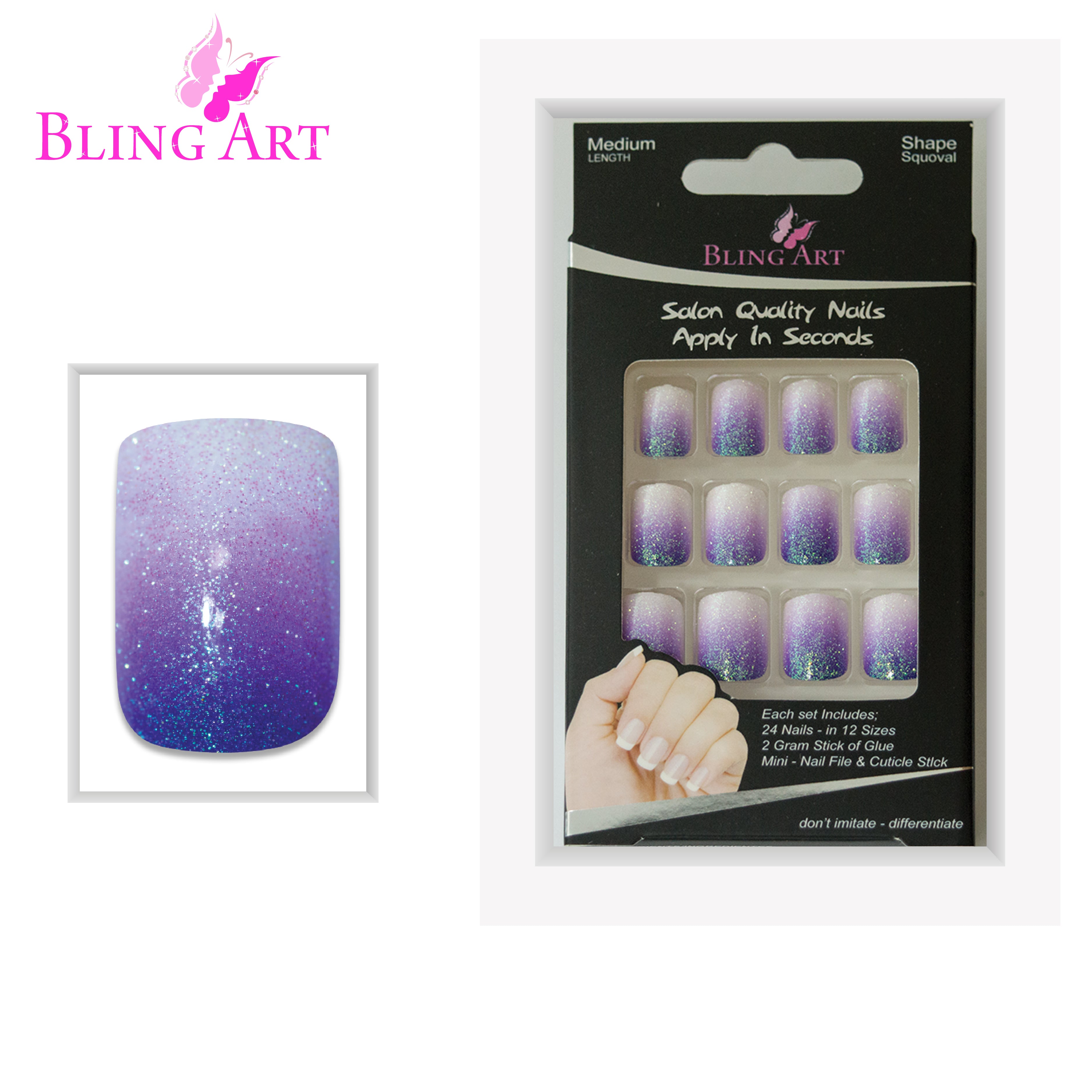 Purple gel ombre French squoval Bling Art press-on nails — full-hand reveal showing all 24 nails for evening wear and special occasions.