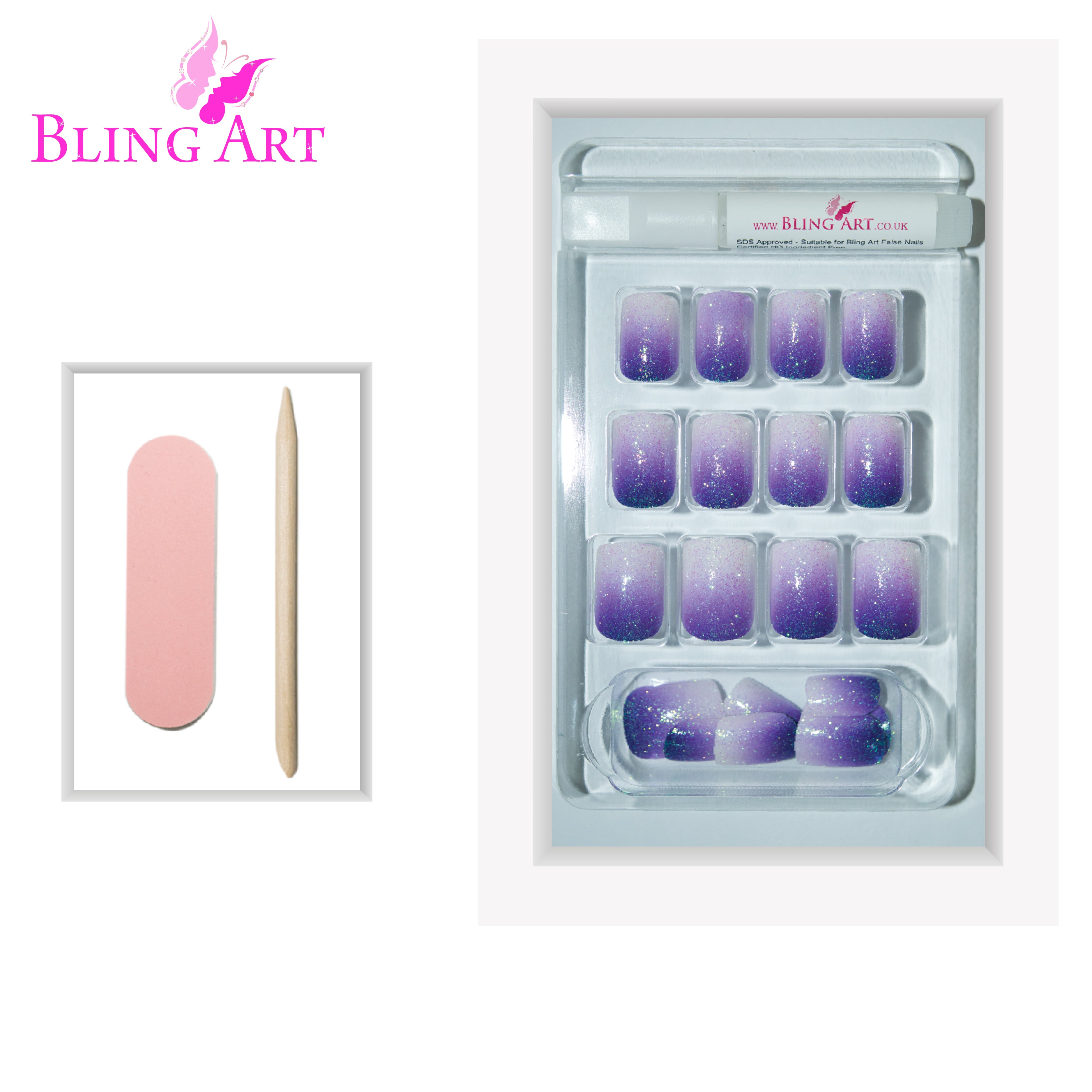 Purple gel ombre French squoval Bling Art press-on nails — lifestyle context shot showing the jewel-tone aubergine gradient.