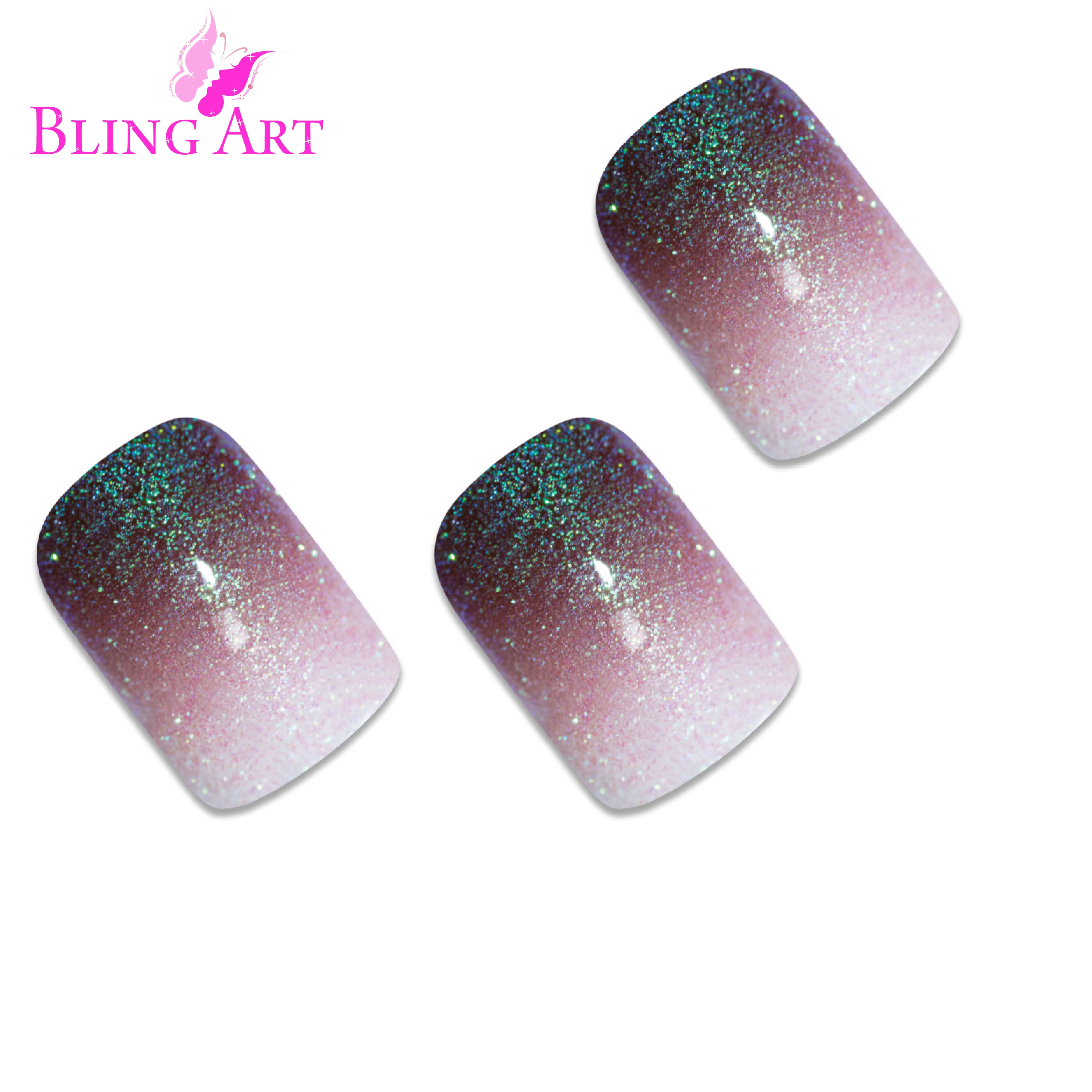 Red Brown gel ombre French squoval Bling Art press-on nails — worn-hand close-up showing the chestnut-to-light gradient French on squoval tips.