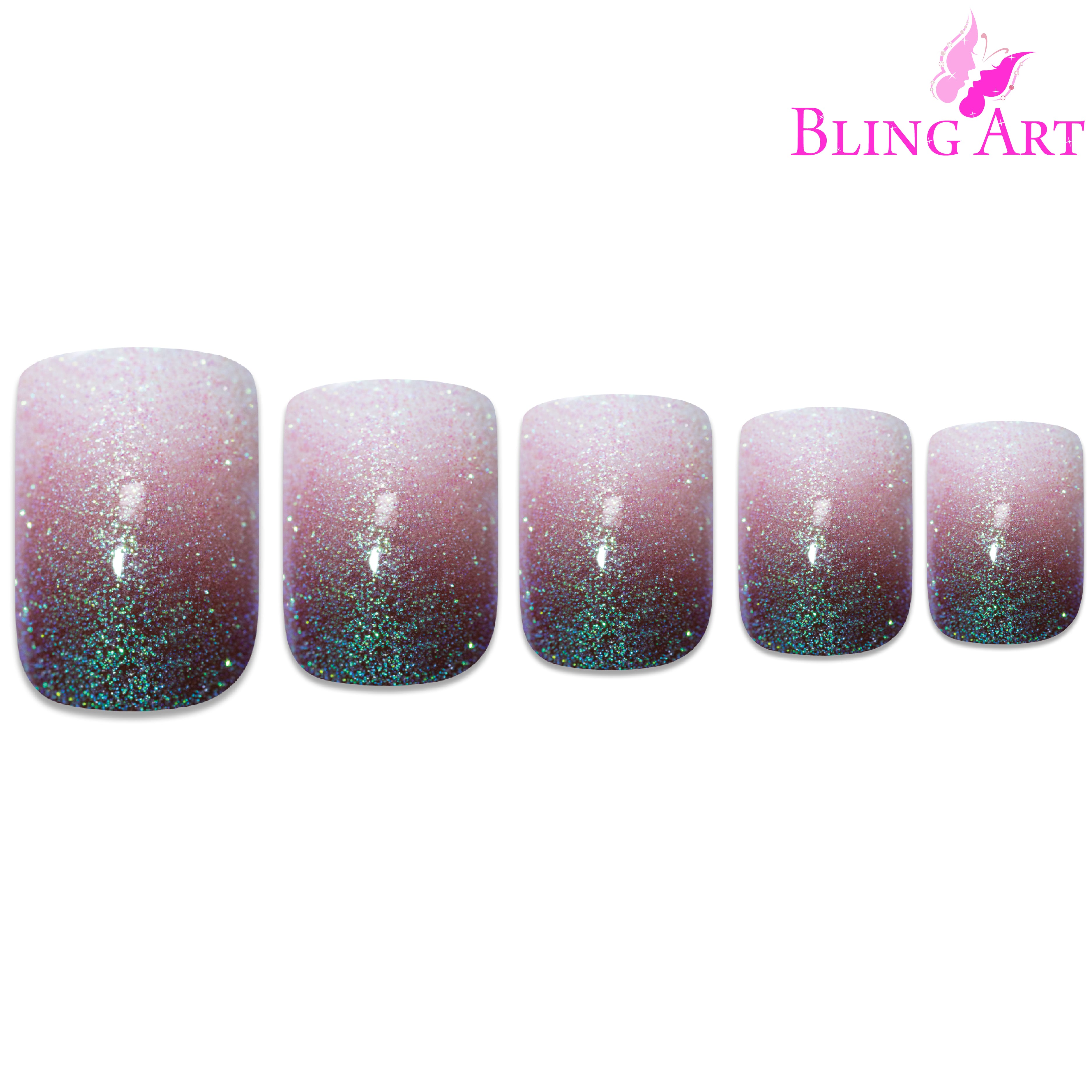 Red Brown gel ombre French squoval Bling Art press-on nails — alternative angle revealing the ombre transition on the squoval shape.