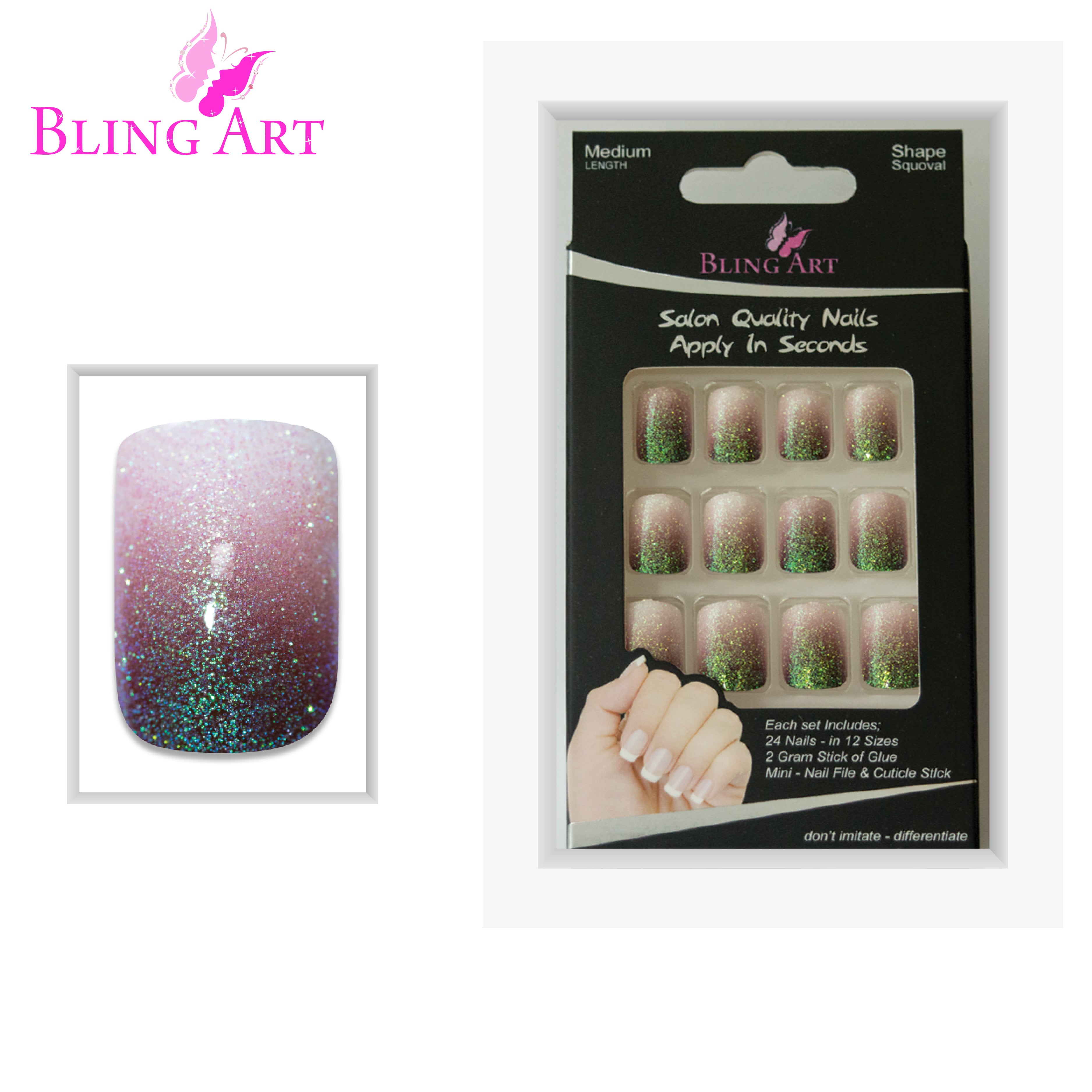 Red Brown gel ombre French squoval Bling Art press-on nails — full-hand reveal showing all 24 nails for autumnal seasonal events.