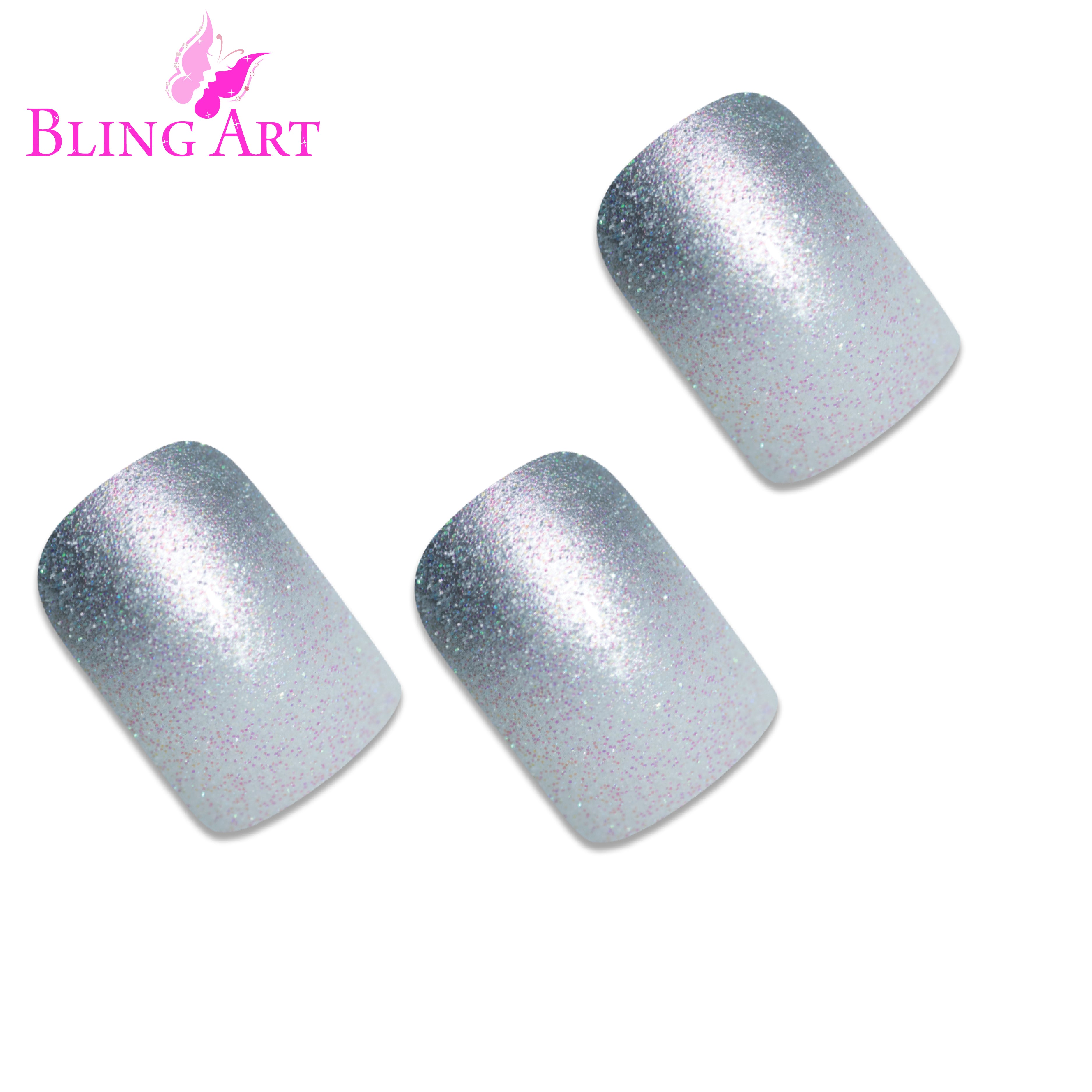 False Nails by Bling Art Silver Gel Ombre French Squoval 24 Fake Medium Tips