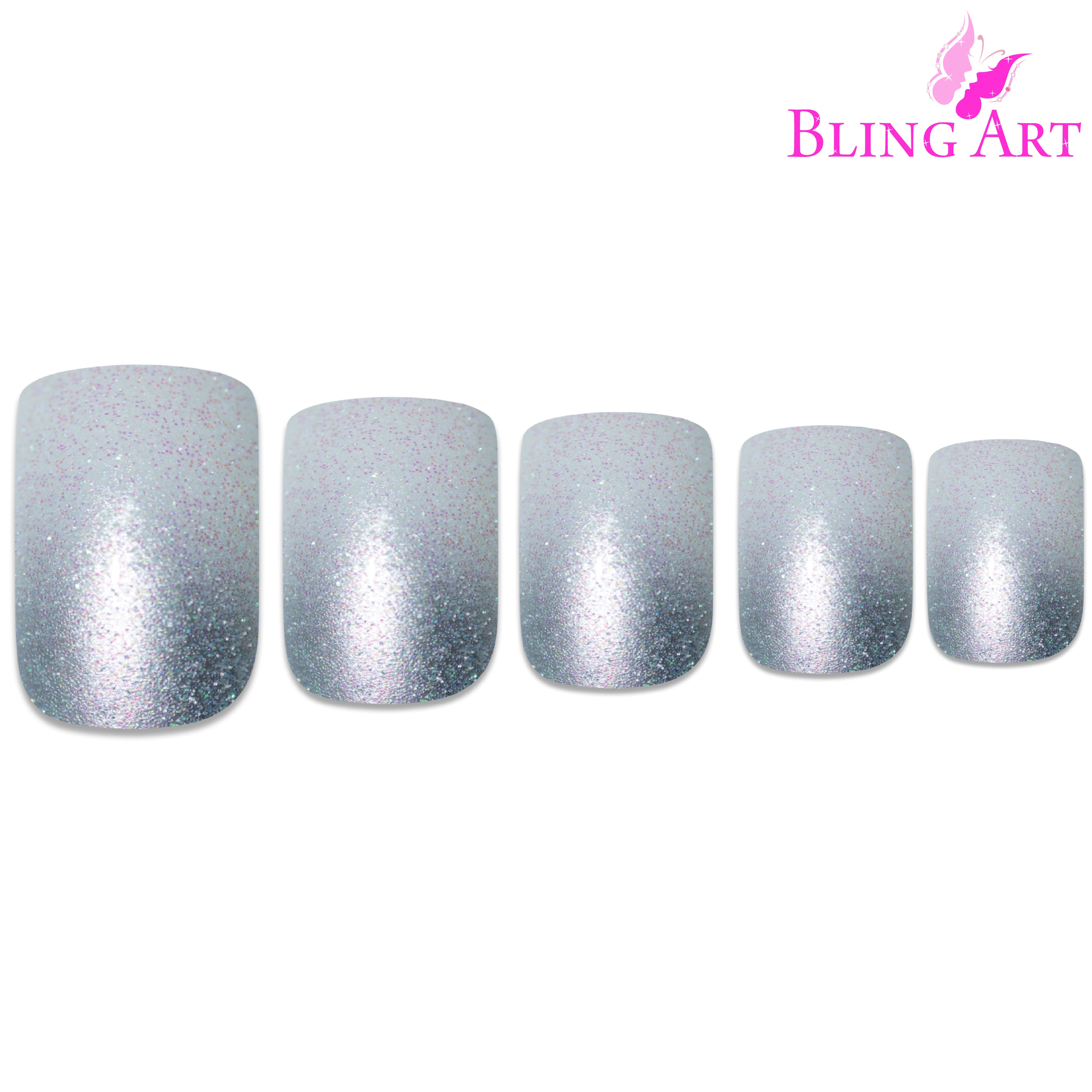 False Nails by Bling Art Silver Gel Ombre French Squoval 24 Fake Medium Tips
