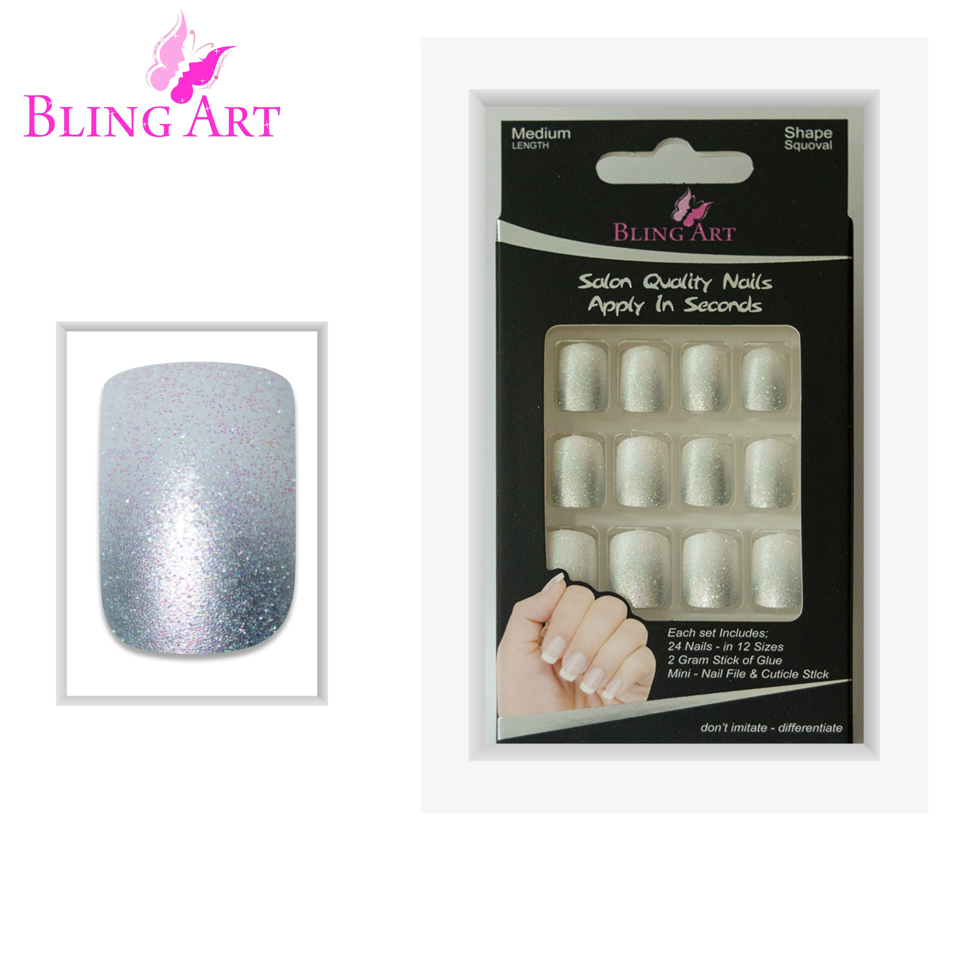 False Nails by Bling Art Silver Gel Ombre French Squoval 24 Fake Medium Tips