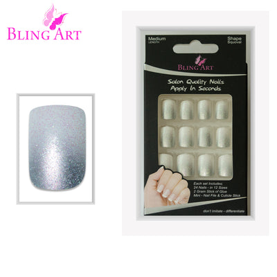 Silver gel ombre French squoval press-on false nails by Bling Art — chrome silver gradient gel ombre French for parties, Christmas and editorial styling. 24 nails, 12 sizes XS-XXL, no UV lamp. Designed in Yorkshire UK.