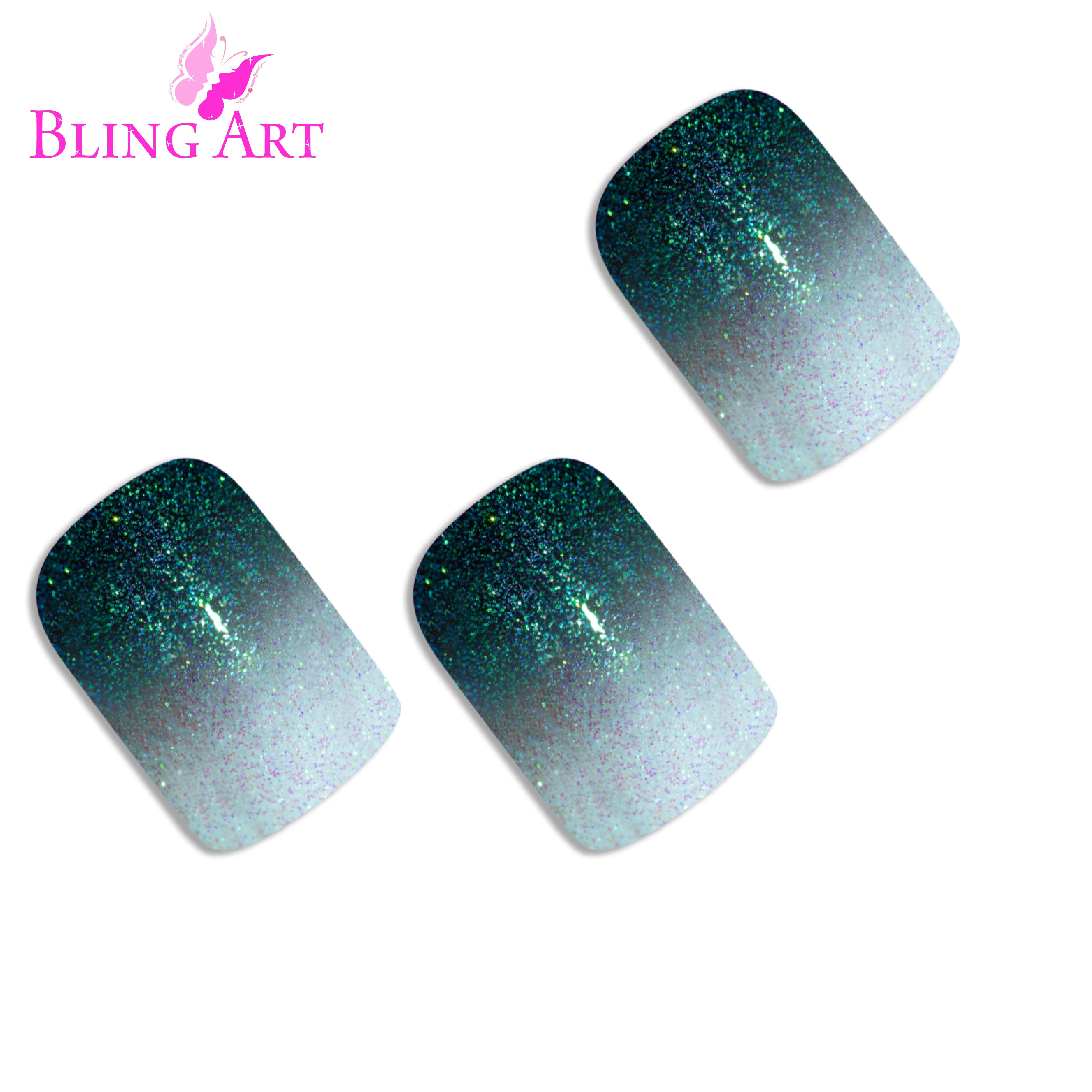 Black gel ombre French squoval Bling Art press-on nails — lifestyle context shot showing the dramatic black gradient French.