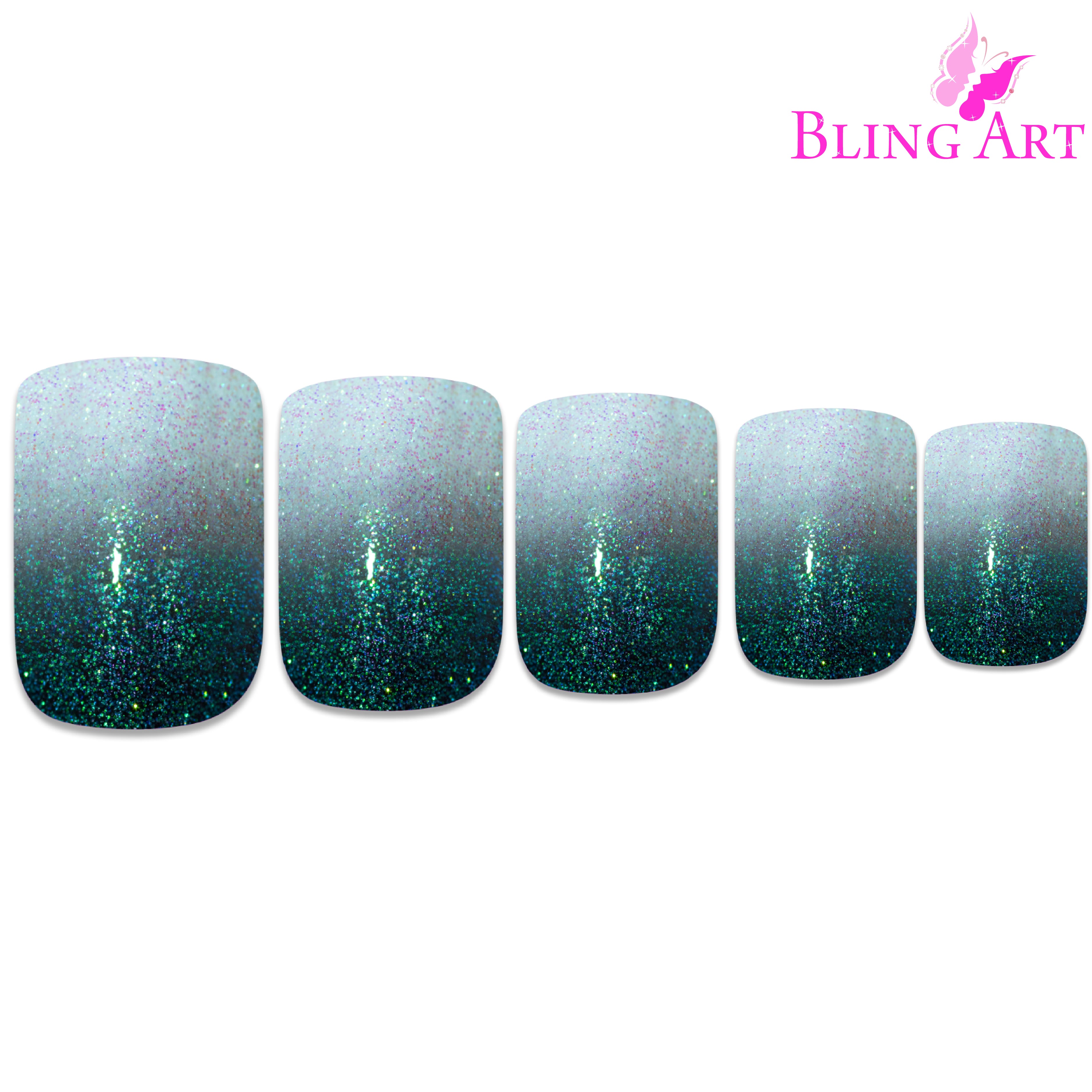 Black gel ombre French squoval Bling Art press-on nails — full-hand reveal showing all 24 nails for evening events and parties.