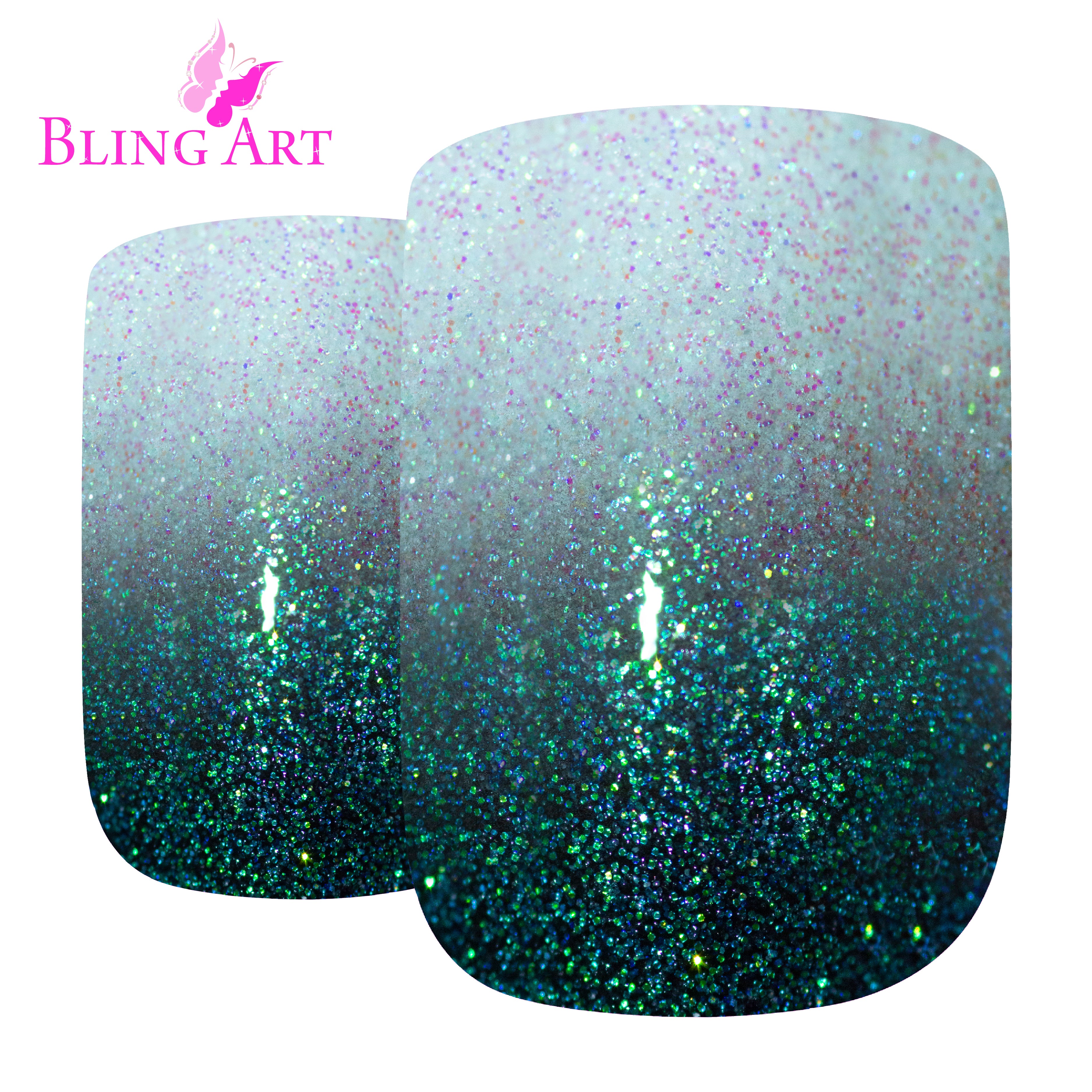 Black gel ombre French squoval Bling Art press-on nails — worn-hand close-up showing the black-to-clear gradient French on squoval tips.