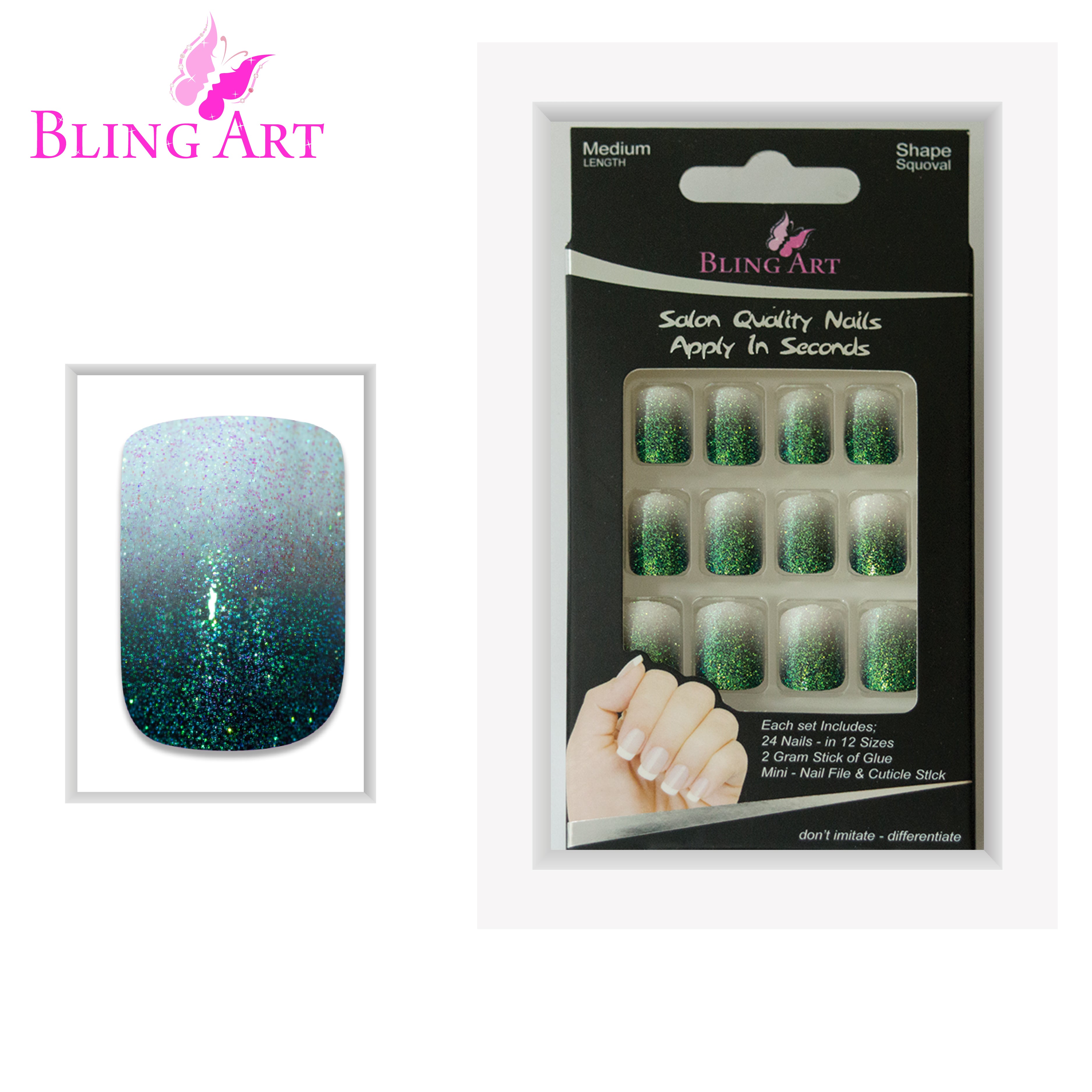 Black gel ombre French squoval Bling Art press-on nails — alternative angle revealing the ombre transition on the squoval shape.