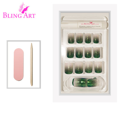 Black gel ombre French squoval press-on false nails by Bling Art — dramatic black-to-clear gradient gel ombre French for evening events, parties and editorial styling. 24 nails, 12 sizes XS-XXL, no UV lamp. Designed in Yorkshire UK.