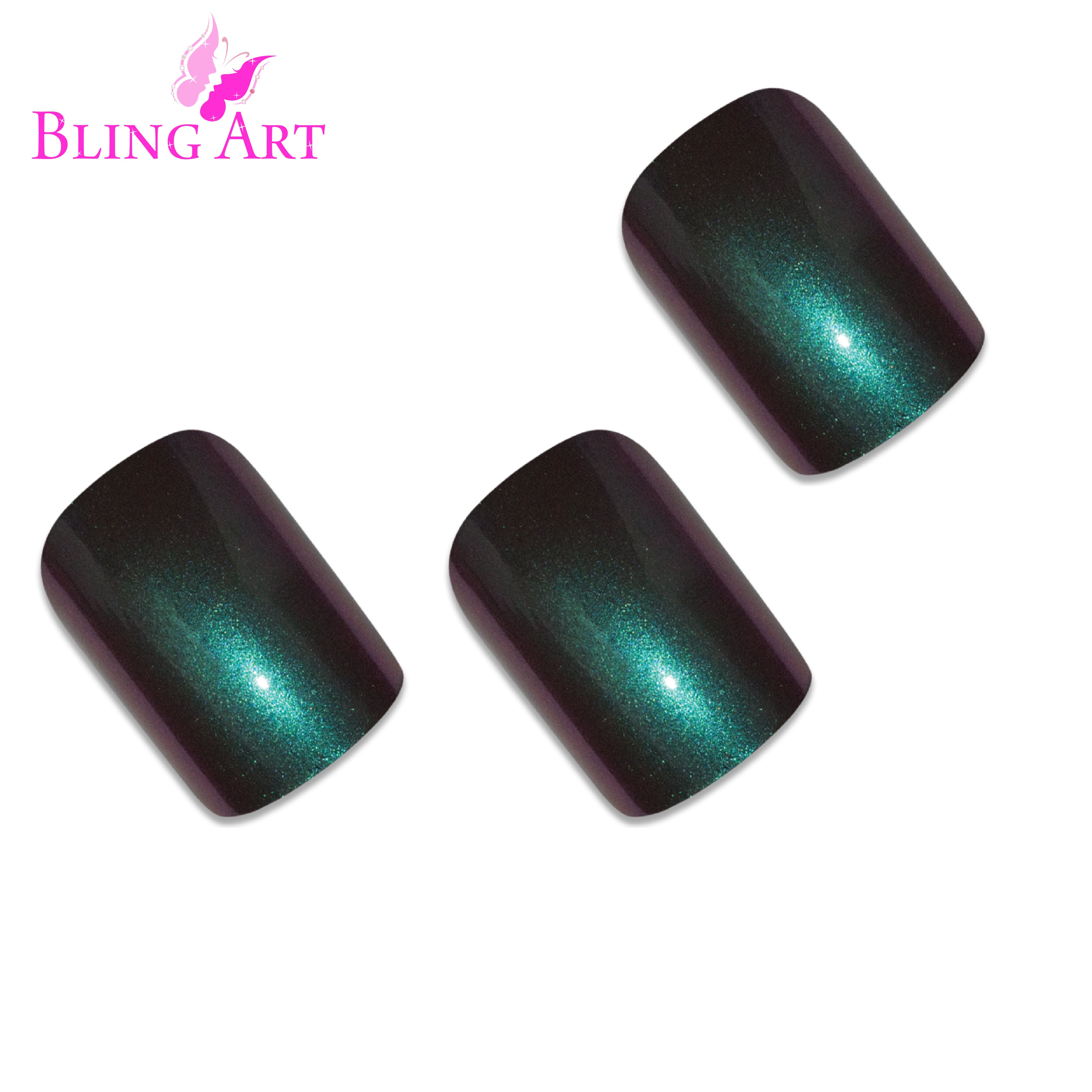 Green Purple chameleon French squoval Bling Art press-on nails — lifestyle context shot showing the bold colour-shifting effect.