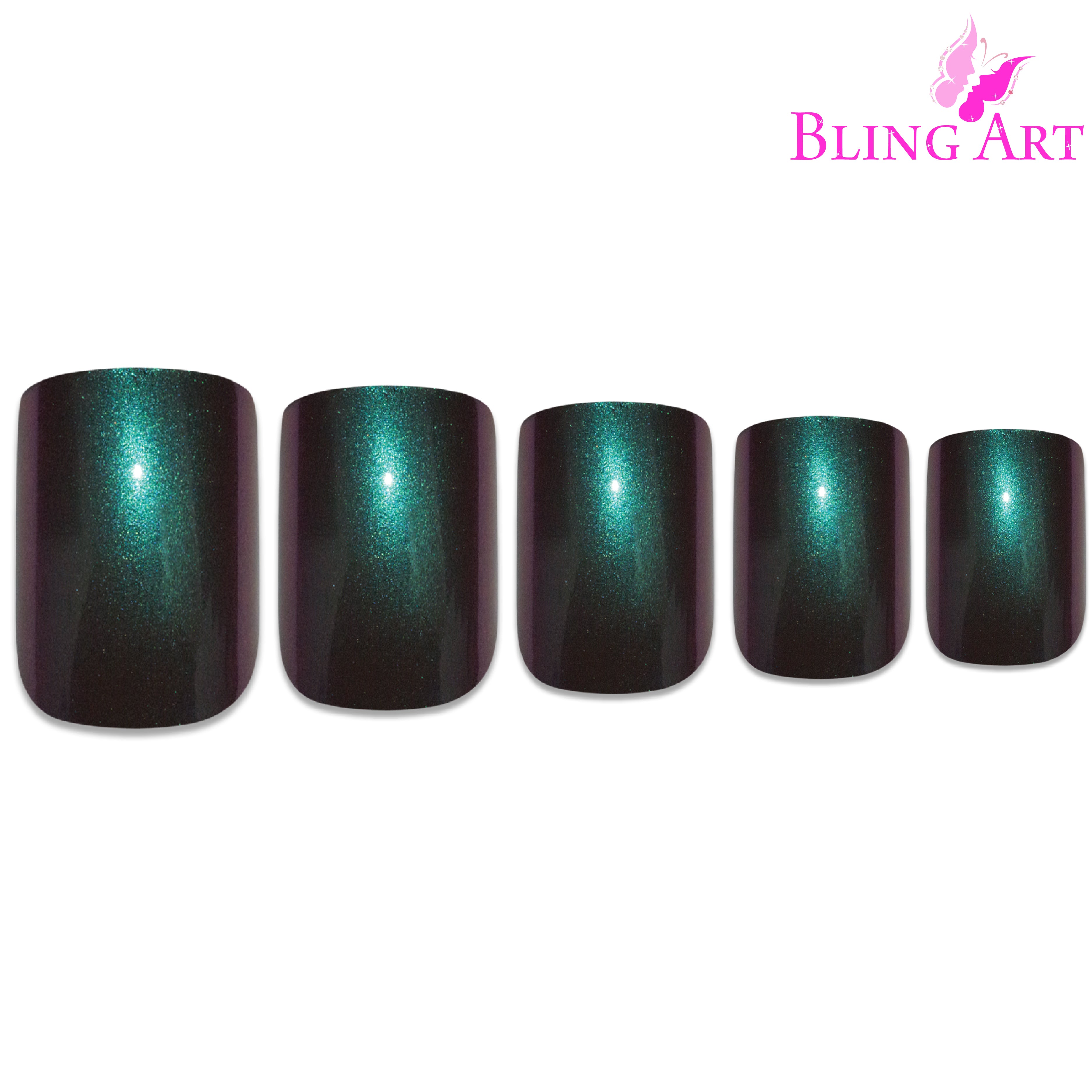 Green Purple chameleon French squoval Bling Art press-on nails — alternative angle revealing the chameleon shift on the squoval shape.