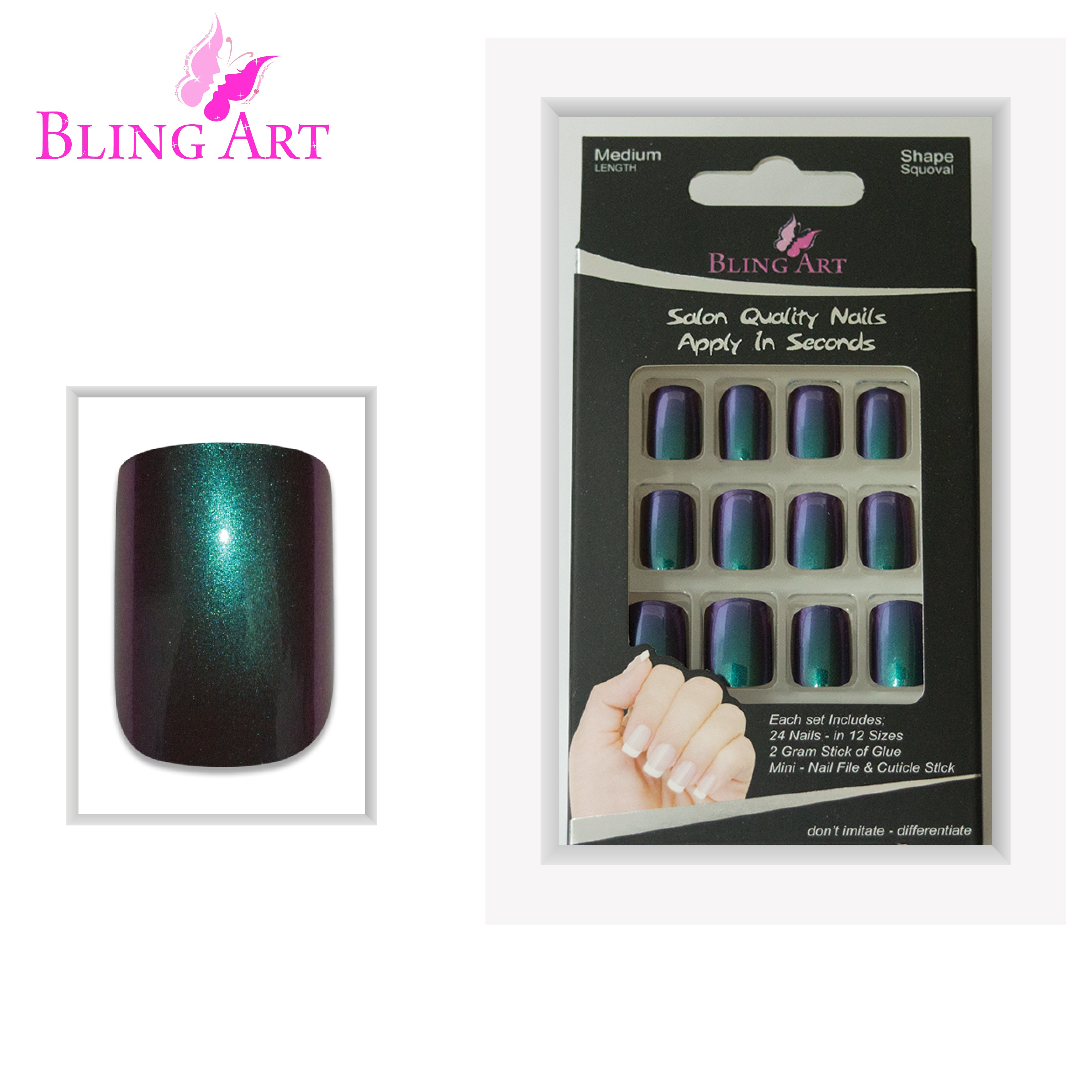Green Purple chameleon French squoval Bling Art press-on nails — full-hand reveal showing all 24 nails for festivals and editorial events.