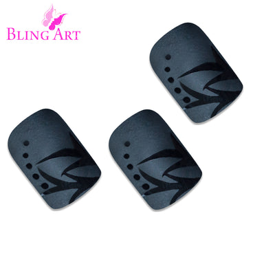 Black Leaf matte French squoval press-on false nails by Bling Art — black leaf-pattern velvet matte French on the office-friendly squoval shape for parties, autumn events and everyday statement wear. 24 nails, 12 sizes XS-XXL, no UV lamp. Designed in Yorkshire UK.