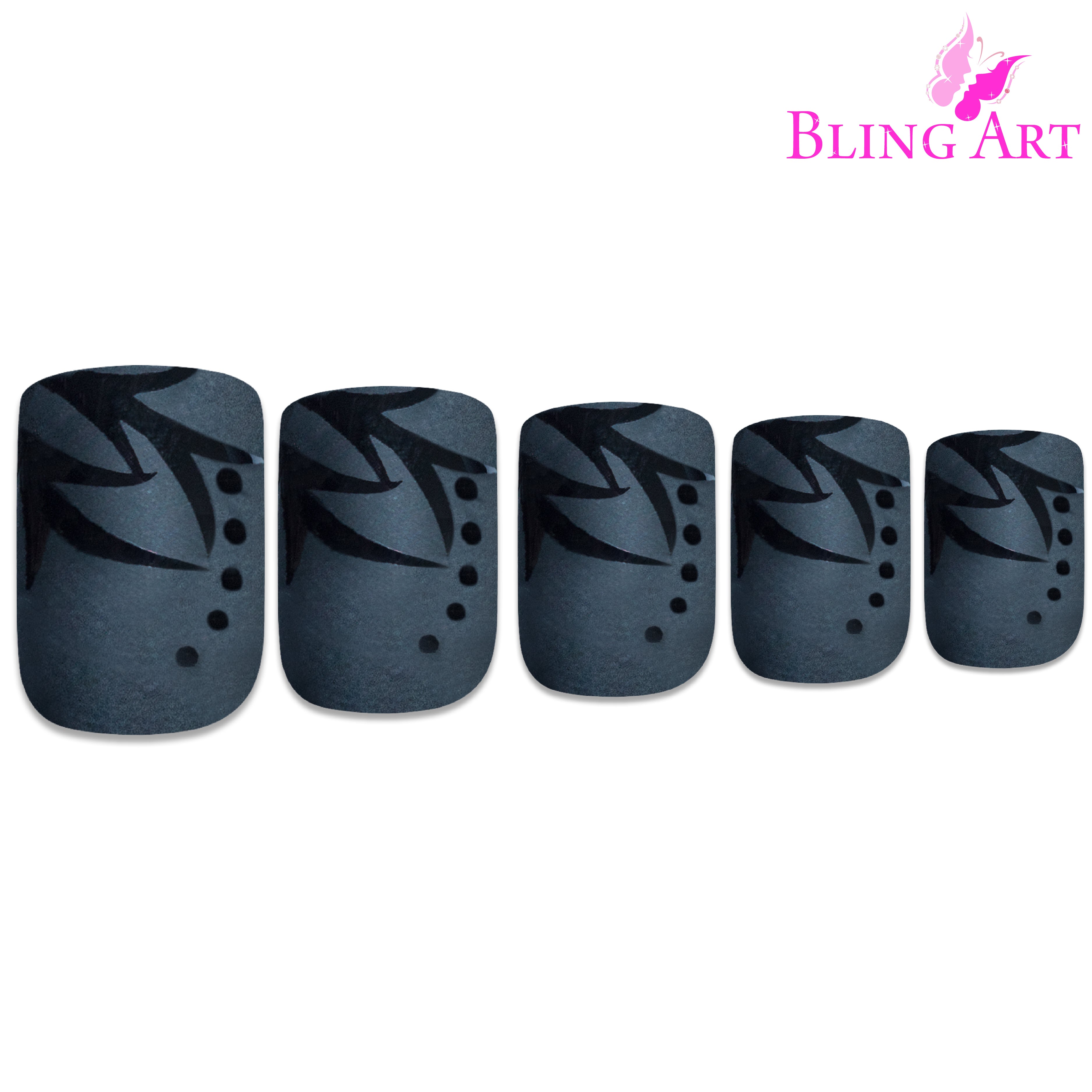 Black Leaf matte French squoval Bling Art press-on nails — full-hand reveal showing all 24 nails for parties and autumn events.