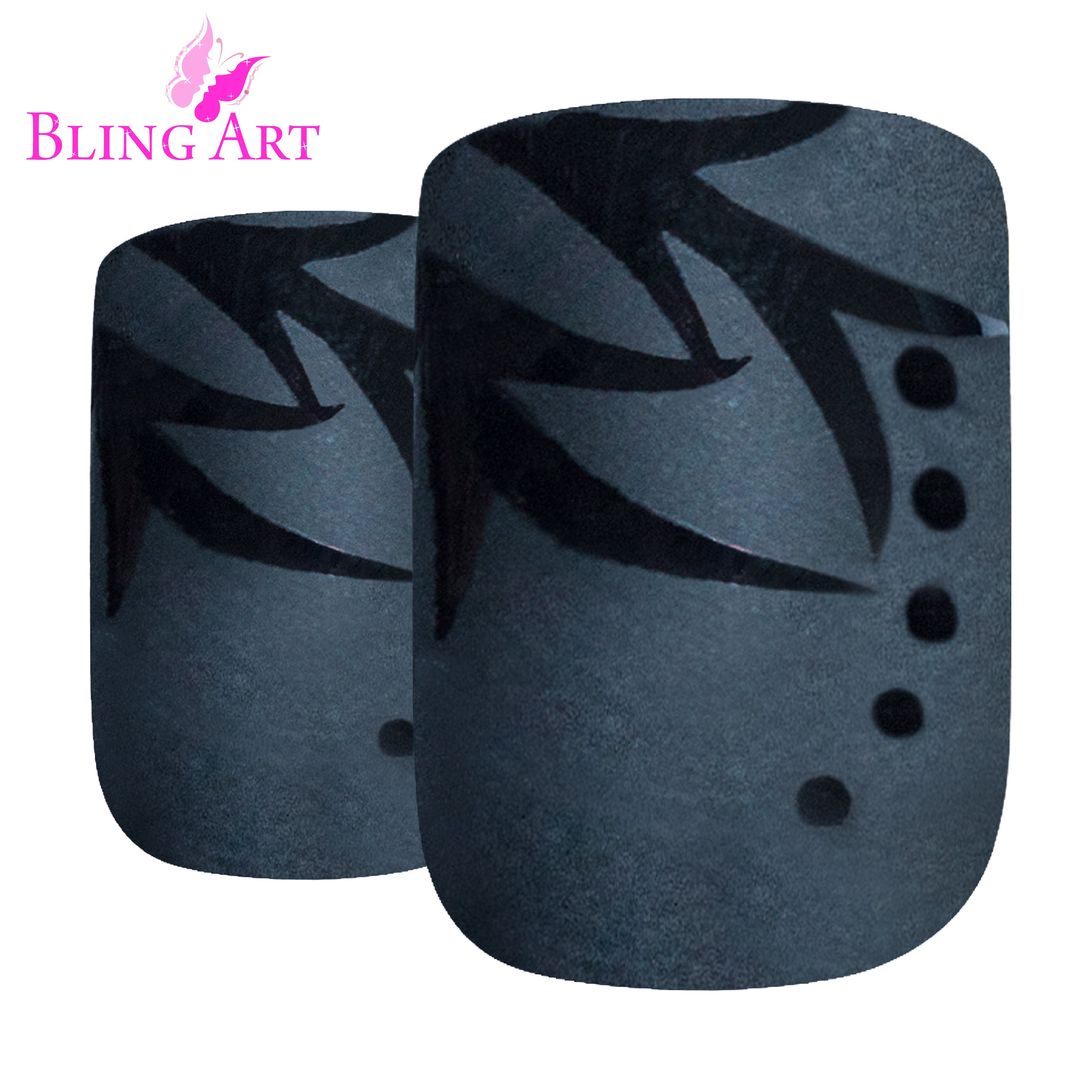 Black Leaf matte French squoval Bling Art press-on nails — worn-hand close-up showing the black leaf-pattern French on squoval tips.