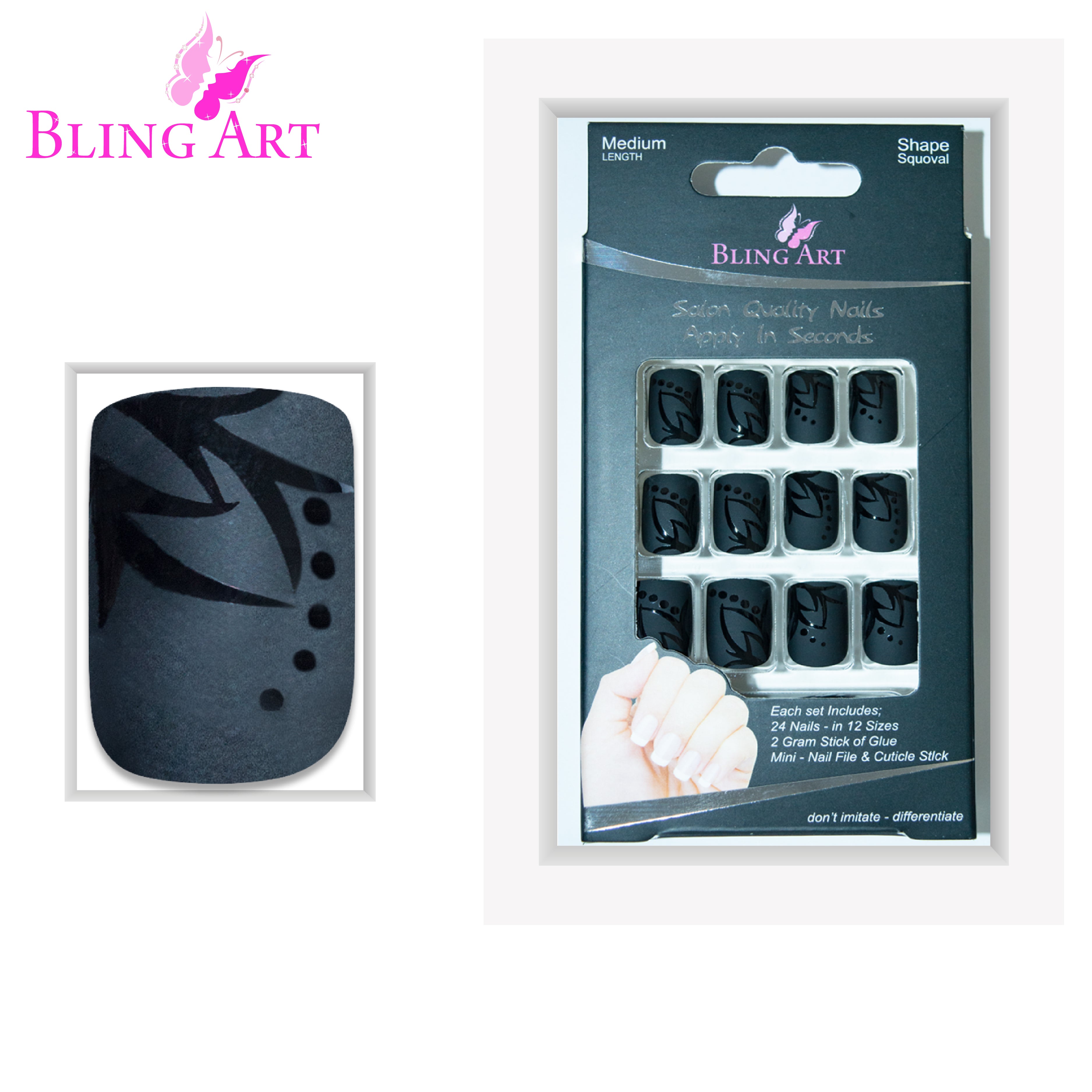 Black Leaf matte French squoval Bling Art press-on nails — alternative angle revealing the leaf-pattern detail on the squoval shape.