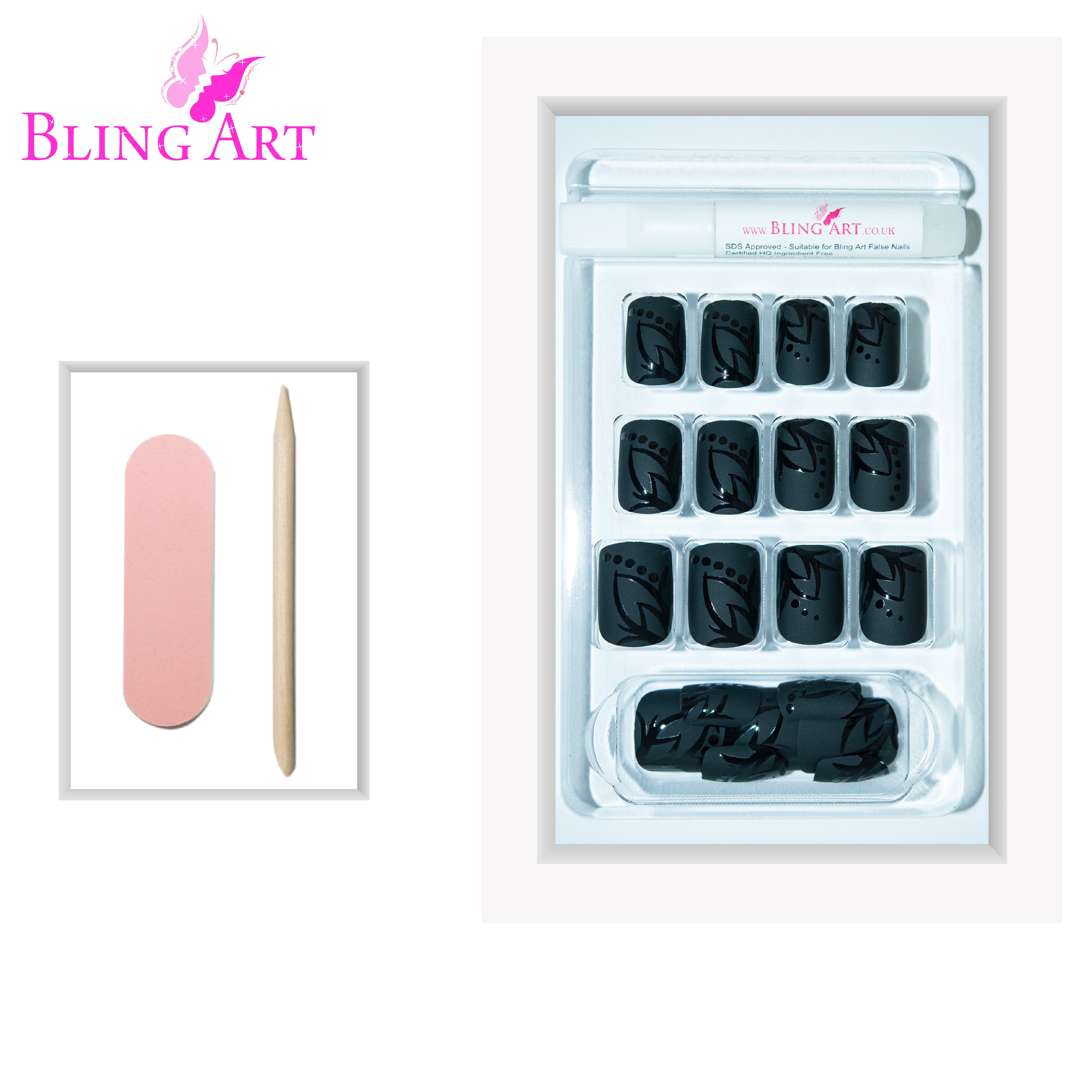 Black Leaf matte French squoval Bling Art press-on nails — lifestyle context shot showing the modern botanical leaf statement.